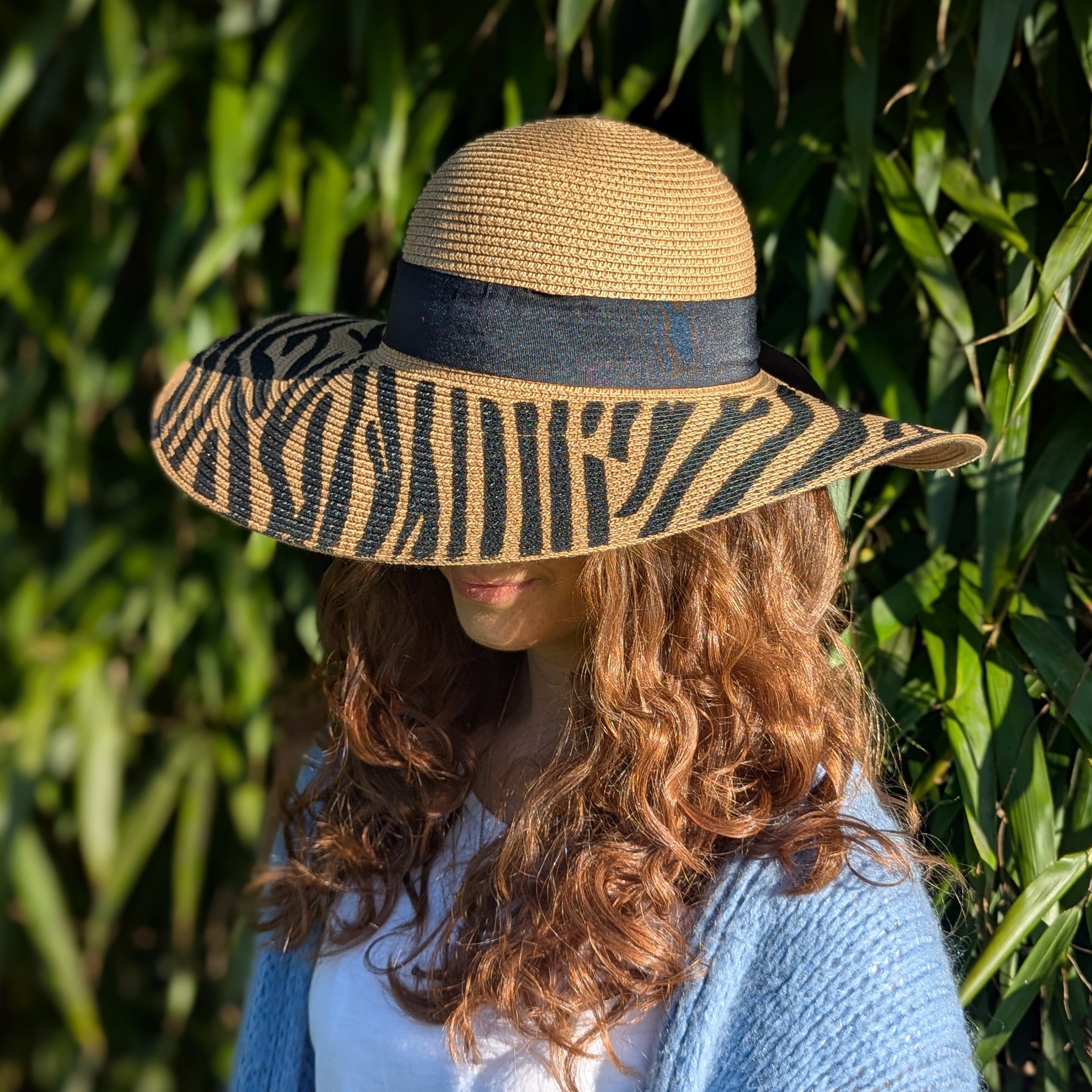 Stylish Zebra Print Wide Brim Foldable Sun Hat (57cm) - Dark Natural/Black for Women | Perfect for Beach, Vacation & Outdoor Activities