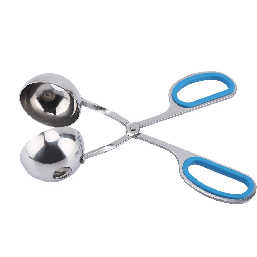Non-Stick Stainless Steel Meatball Scoop & Ice Tongs - Rice Ball Maker, Cookie Scoop with Anti-Slip Rubber Handle (Blue) - Perfect for Cooking, Baking, and Ice Serving