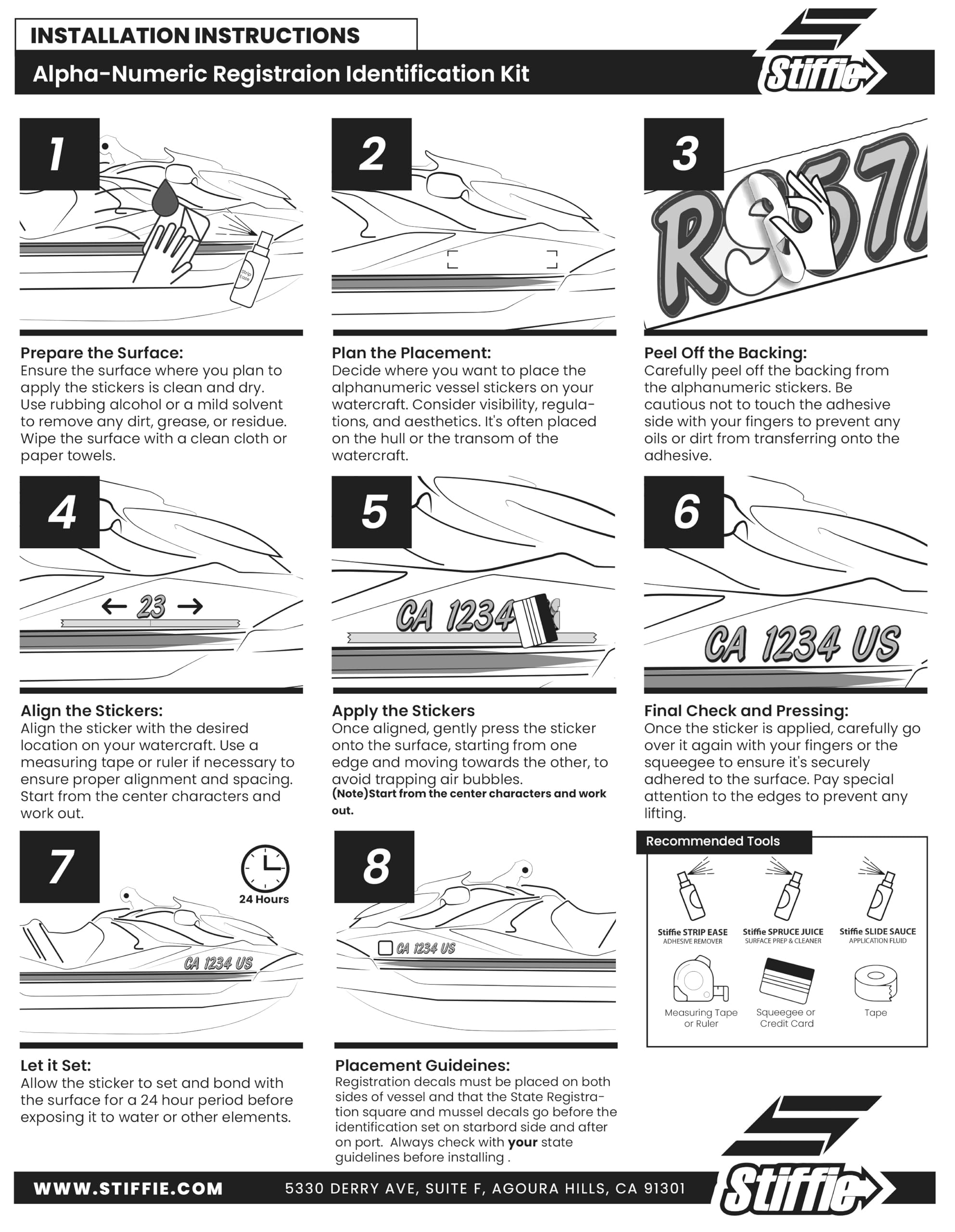 STIFFIE Techtron Metallic Silver/White 3 Inch Boat Registration Numbers & Letters Stickers - Waterproof Decals for PWC, Jet Ski, Kayak, Canoe and Marine Vessels - Perfect for Boat Registration, Watercraft Identification and Compliance