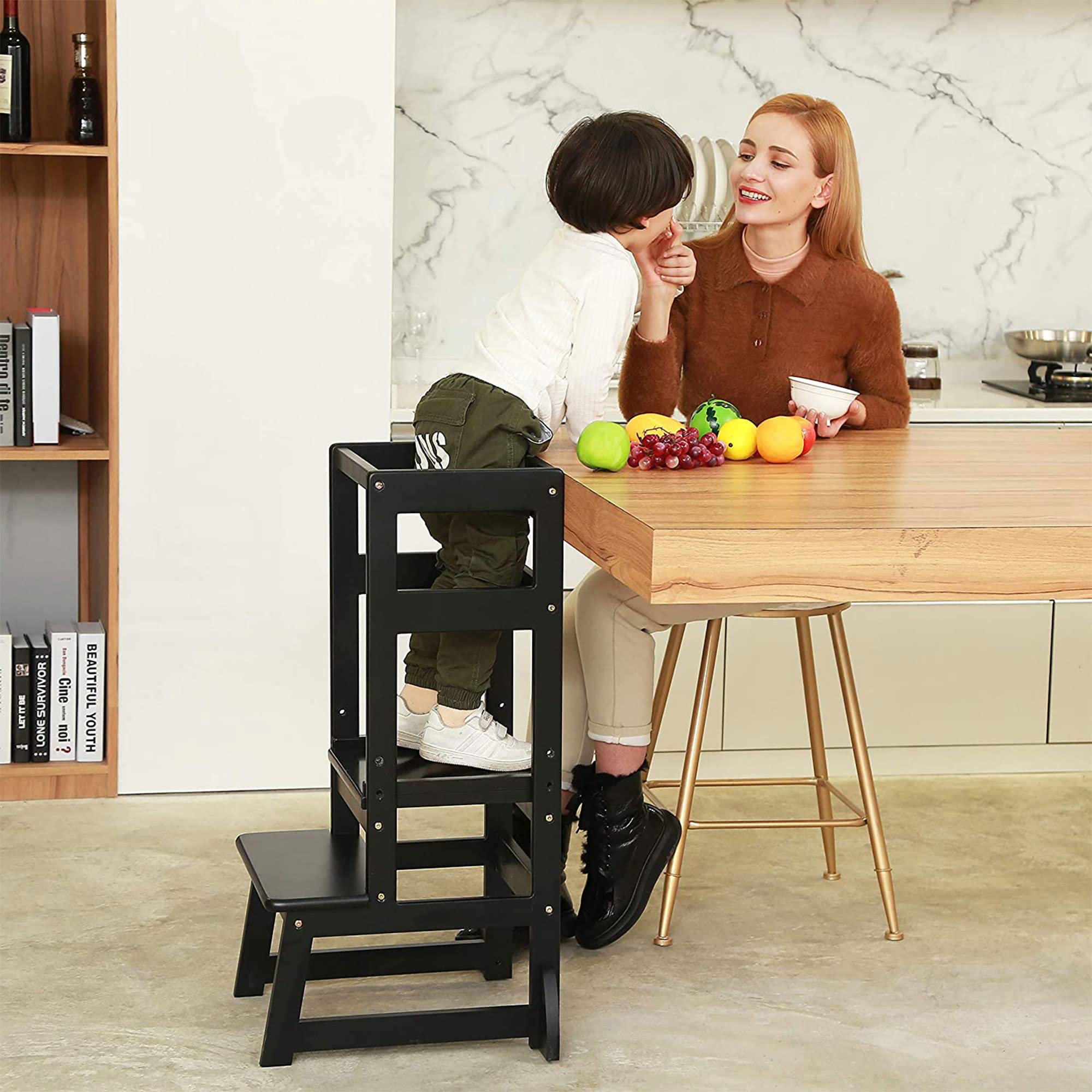 SDADI LT05B Adjustable Height Kitchen Step Stool - Safe Non-Slip Learning Stool for Kids & Adults - Counter Level Step Ladder for Kitchen, Bathroom & Home Use - Perfect for Cooking, Cleaning & Reaching High Shelves - Black