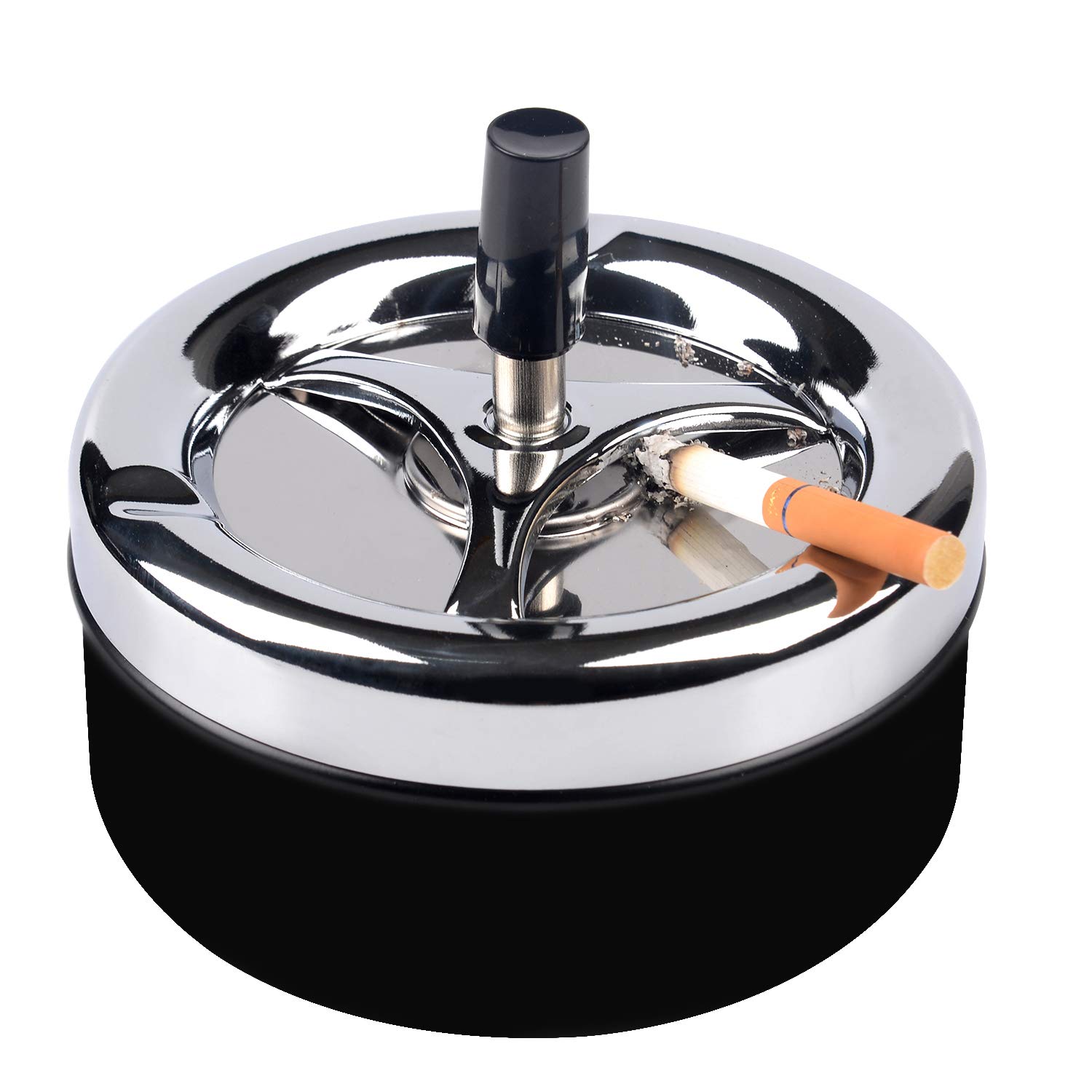Premium Stainless Steel Modern Round Push Down Cigarette Ashtray with Spinning Tray - Indoor/Outdoor Desktop Smoking Ash Tray for Home, Office, Patio, and Car Use (Black)