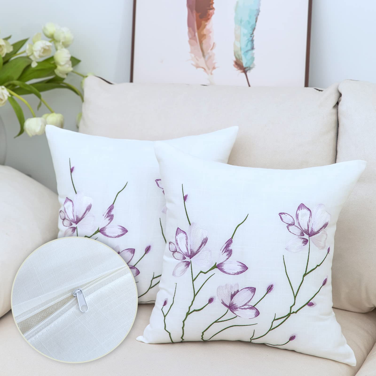 Premium 18x18 Inch White Throw Pillow Covers Set of 2 - Soft Farmhouse Style Decorative Cushion Covers with Exquisite Embroidery for Bed, Couch & Sofa - Perfect for Living Room, Bedroom & Home Decor