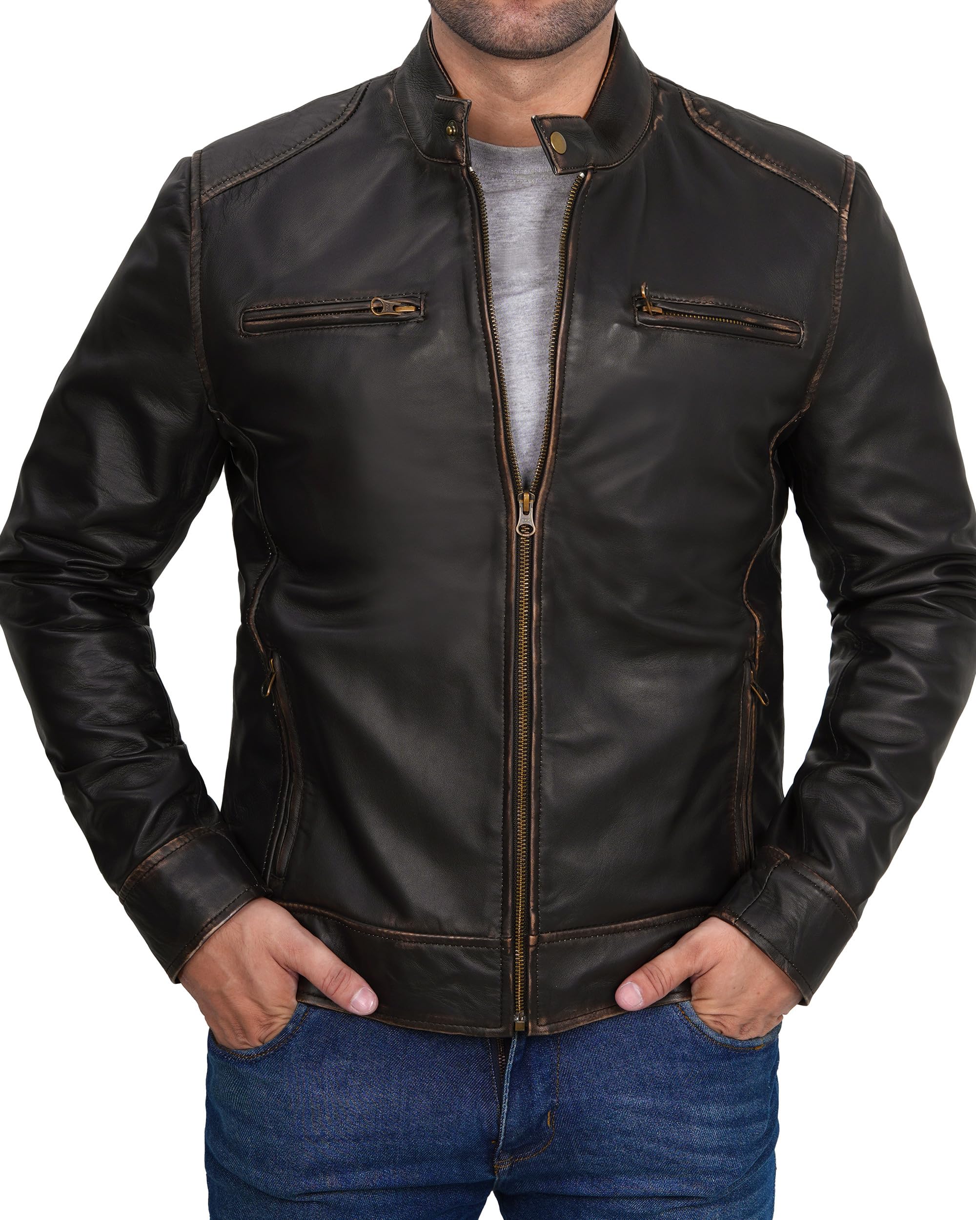 Decrum Men's Real Lambskin Leather Jacket - Classic Cafe Racer Style Motorcycle Jacket for Bikers & Fashion | Perfect for Riding, Casual Wear & Night Out