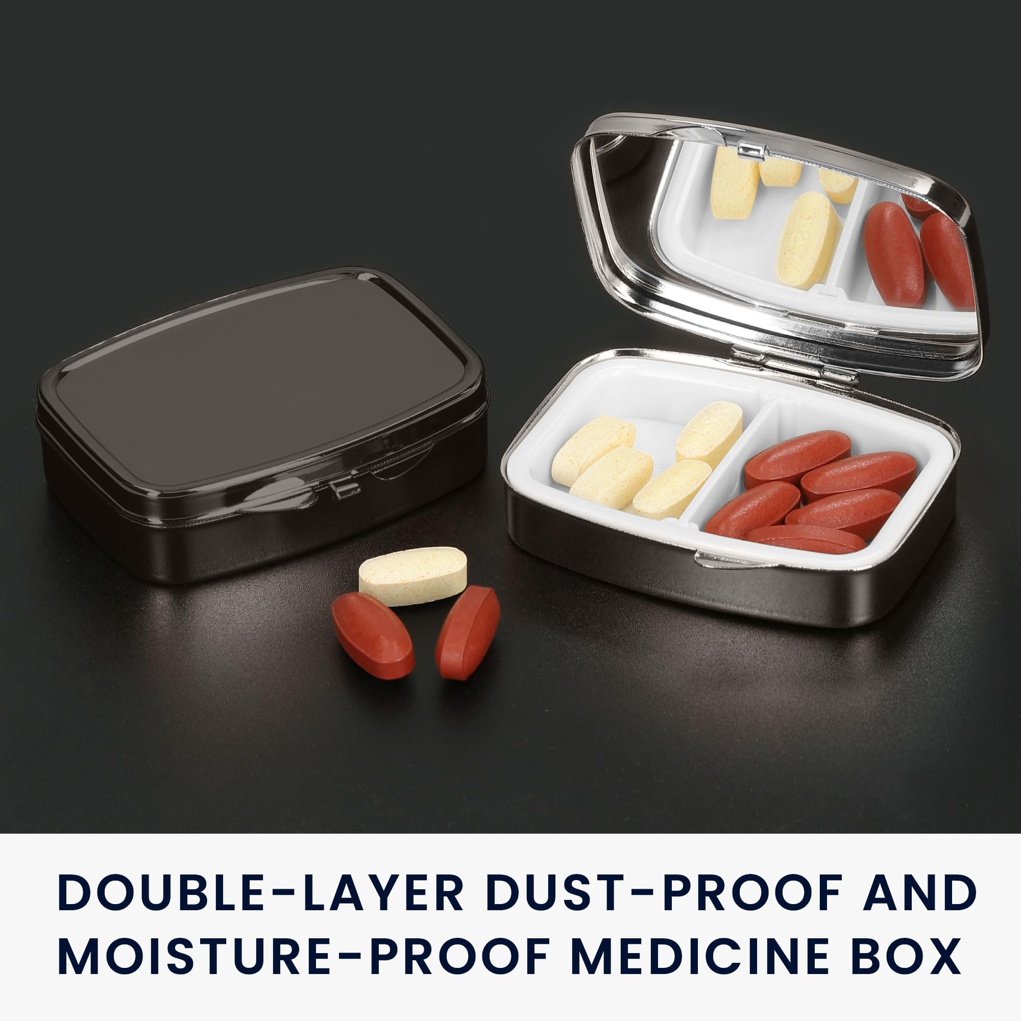kwmobile 2 Compartment Stainless Steel Pill Organizer - Set of 2 Travel Medicine Boxes for Tablets & Prescriptions - Black | Portable Medication Storage for Home, Office & Travel