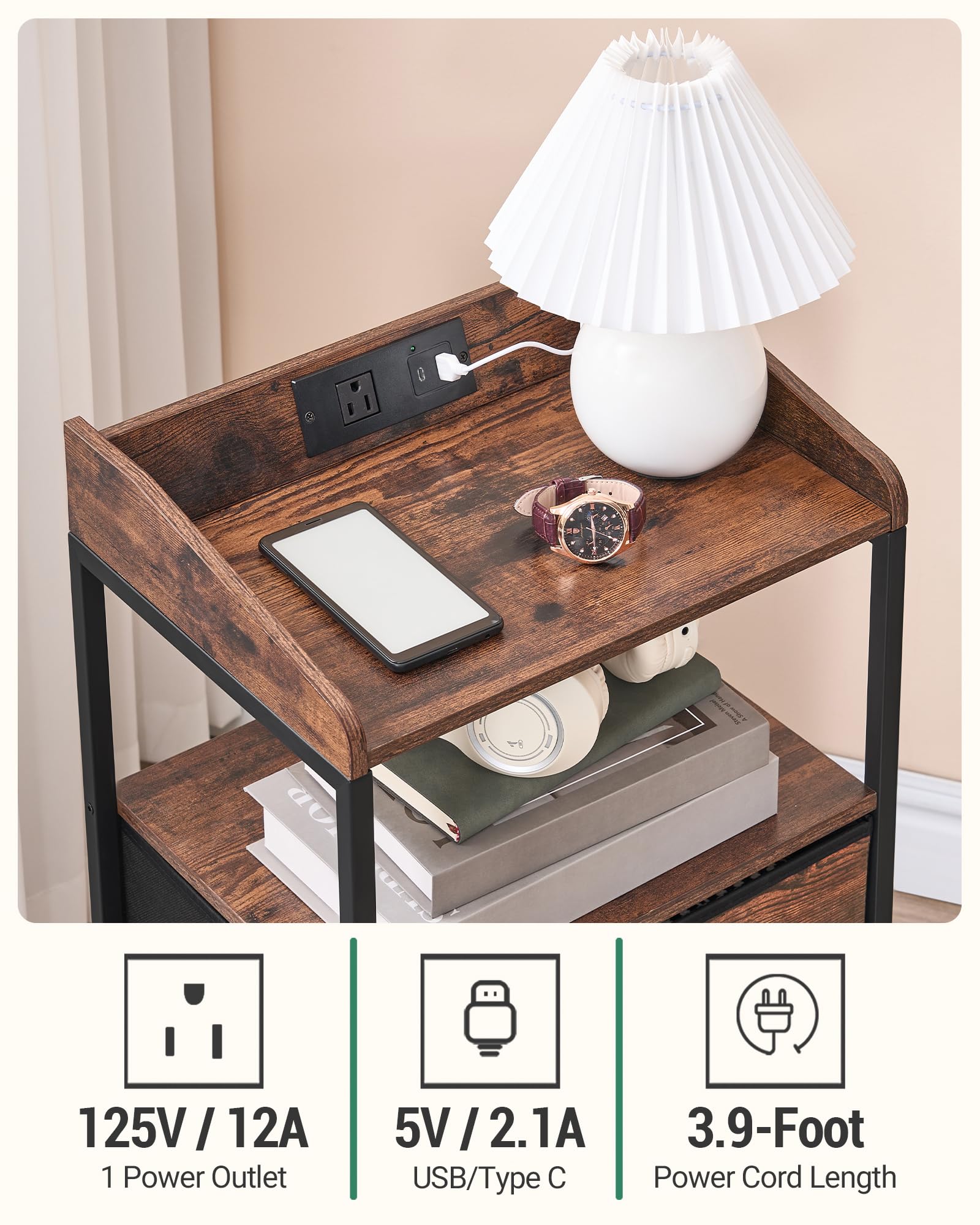 Modern Nightstand with USB Ports & Power Outlets - Rustic Brown End Table with Storage for Bedroom