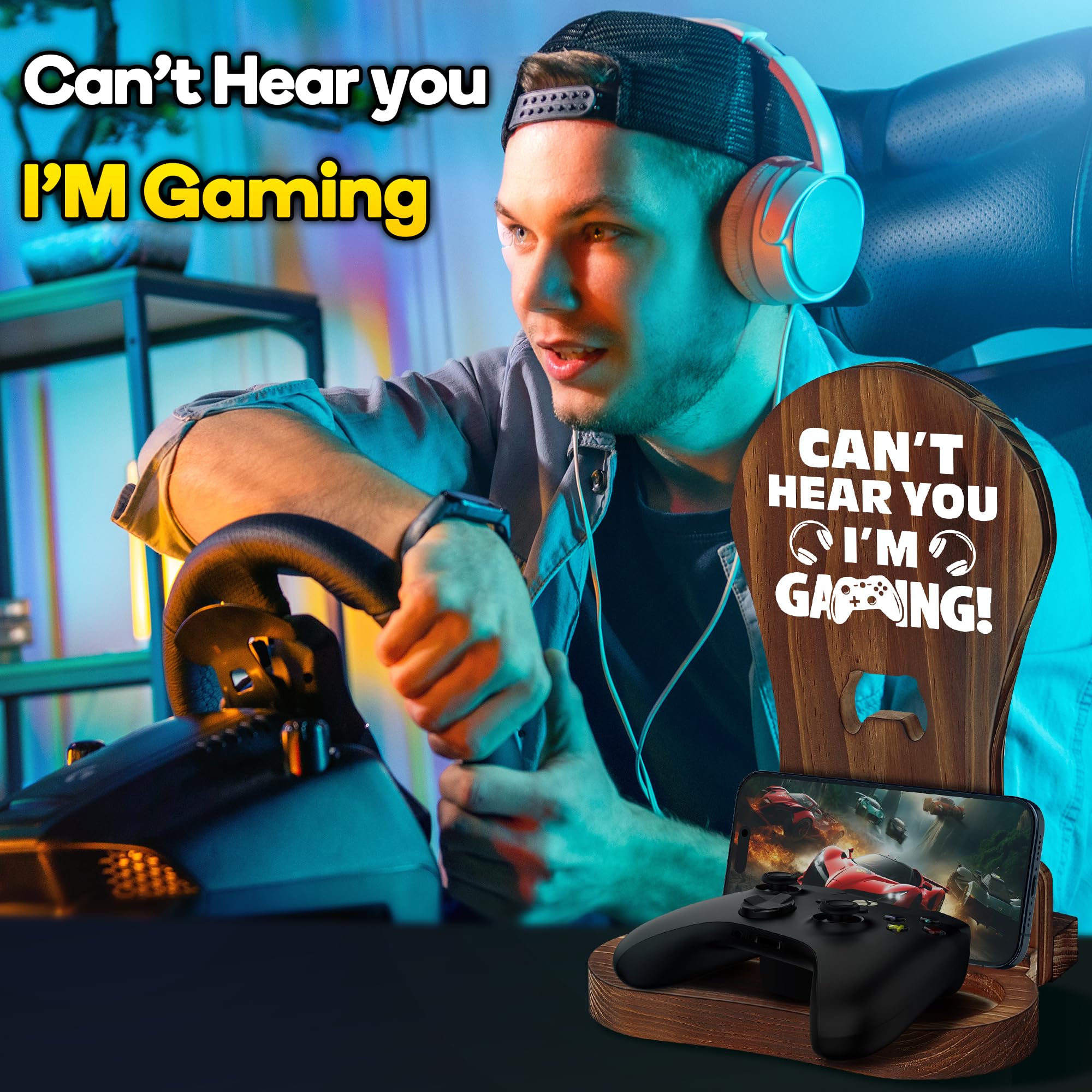 Premium Wooden Gaming Headset Stand - Unique Gamer Gifts for Men, Teen Boys, Husband & Boyfriend - Cool Gaming Room Decor & Accessories - Perfect for Gaming Setups, Streamer Battlestations & Esports Enthusiasts