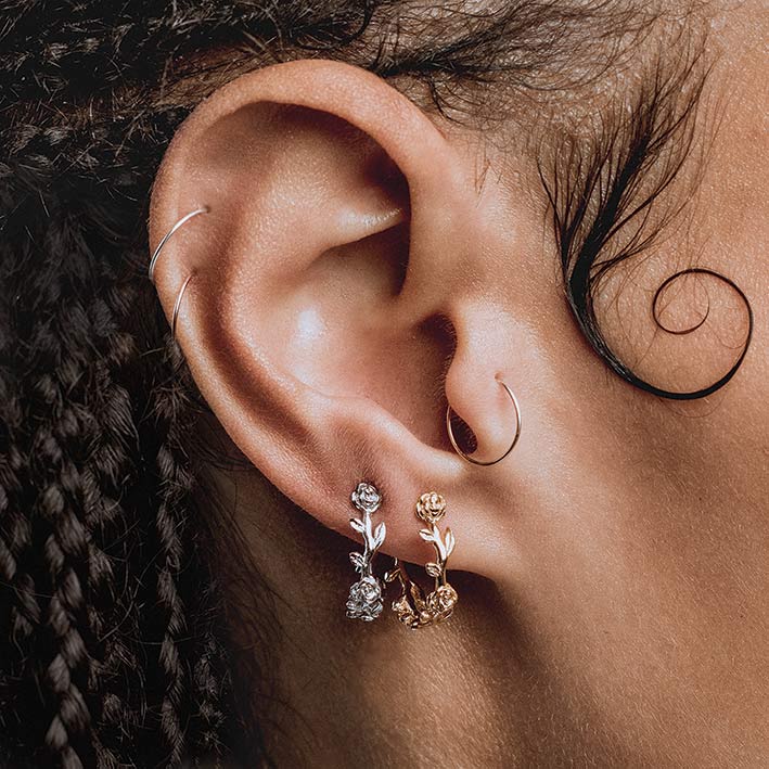 SARAH Rose Foliage Hoop Earrings in Gold - Elegant Floral Statement Jewelry for Women, Perfect for Weddings, Parties & Everyday Wear