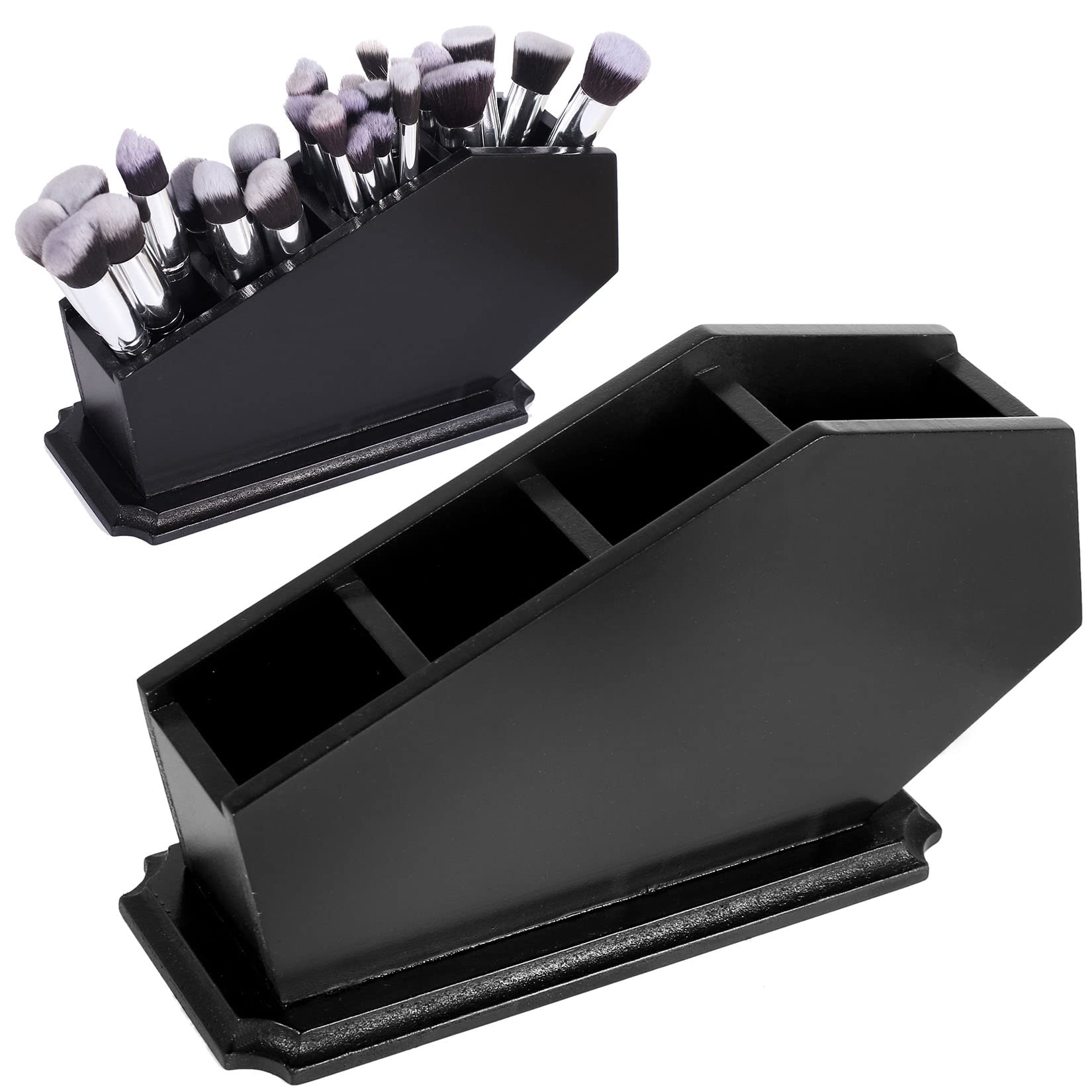 Gothic Wooden Coffin Brush Holder - Halloween Makeup Organizer for Vanity, Bathroom & Bedroom Decor - Spooky Witchy Gift for Women - Black - 11x6x4 Inches - Perfect for Halloween Parties, Gothic Home Decor & Witch-Themed Vanity Setup