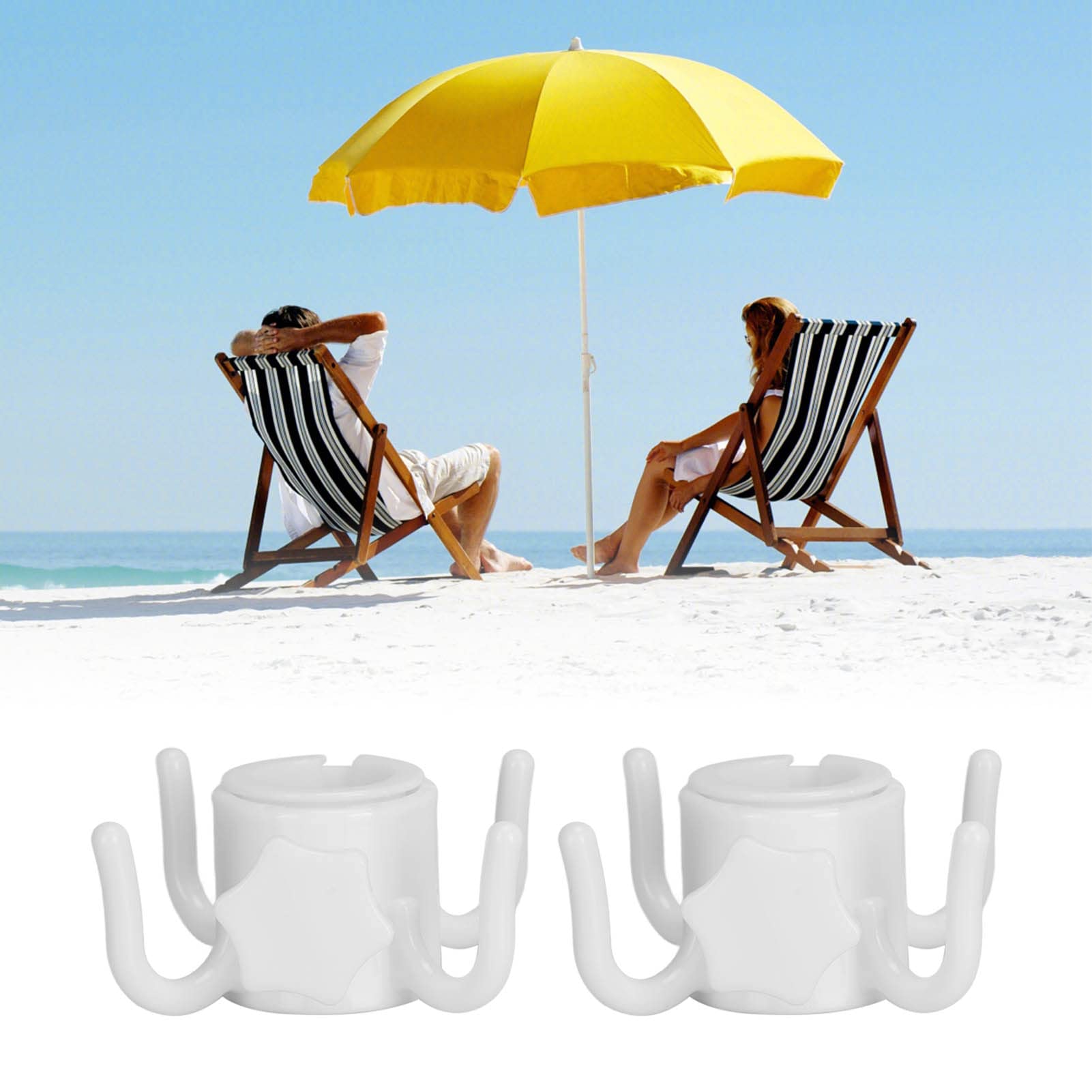 2-Pack White Plastic Beach Umbrella Hanging Hook with 4 Prongs - Heavy Duty Sun Umbrella Holder for Sand, Poolside, Patio, and Outdoor Use