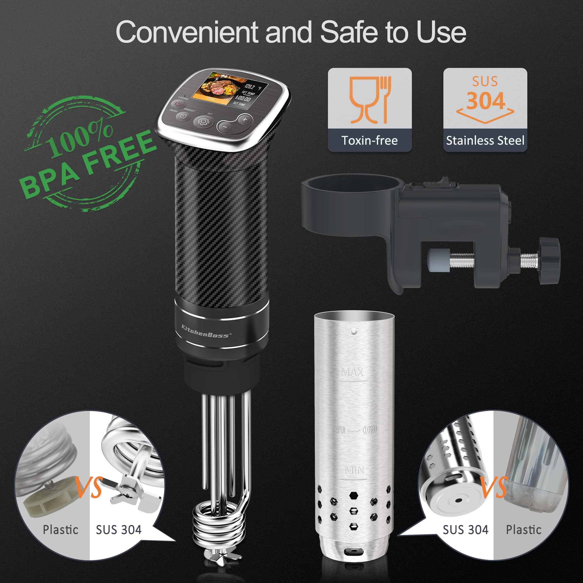 KitchenBoss Sous Vide Machine 1100W - Precision Immersion Circulator for Home & Professional Cooking, IPX7 Waterproof Stainless Steel Sous-vide Cooker (G322T-US) - Perfect for Steak, Chicken, Fish & Meal Prep