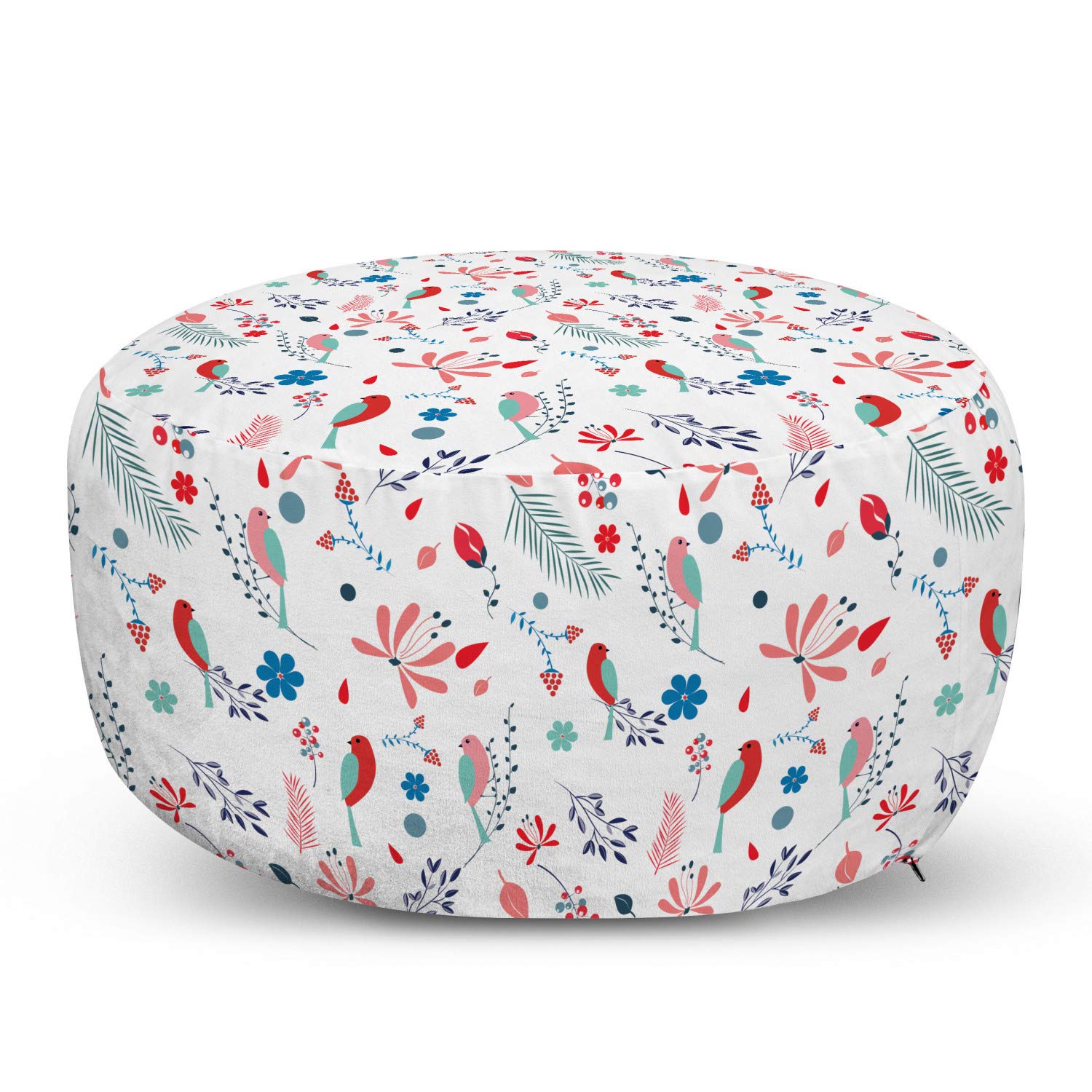 Ambesonne Nature Ottoman Pouf - Colorful Spring Birds, Flowers & Leaves Print Foot Rest with Removable Cover - Decorative Living Room & Bedroom Accent - White & Multicolor - Perfect for Relaxing, Reading Nook or Nursery Decor