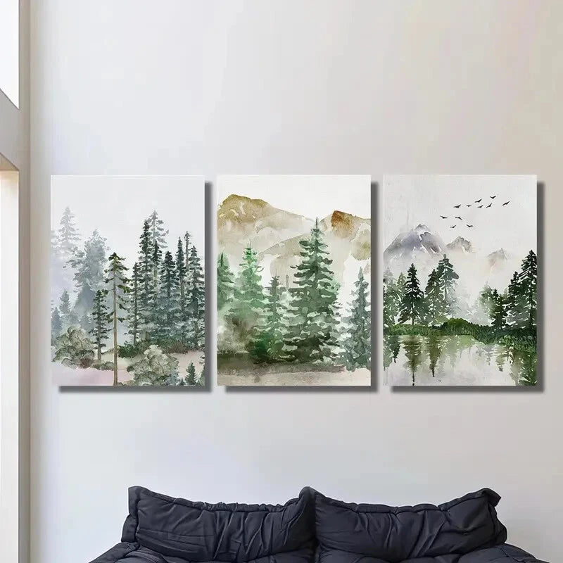 3-Piece Sage Green Forest Mountain Landscape Metal Print Wall Art - Ready to Hang - Perfect for Living Room, Bedroom & Office Decor