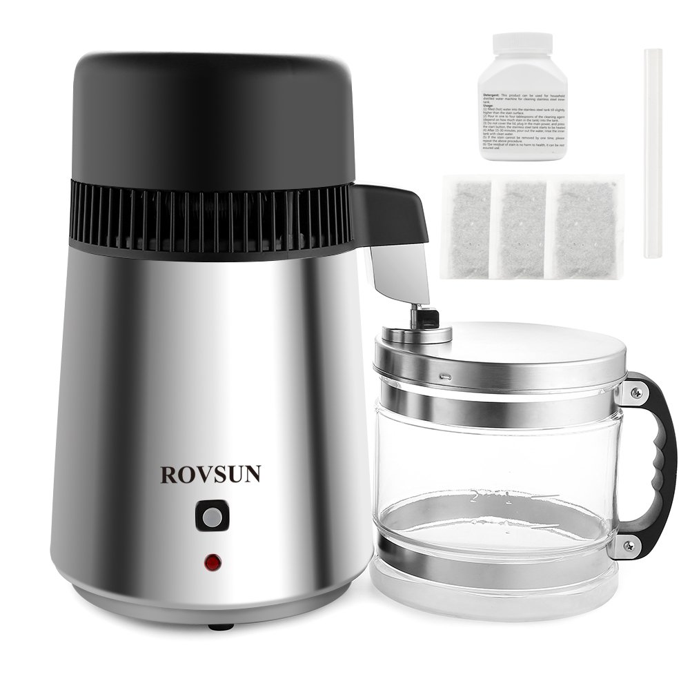 ROVSUN Upgraded 1.1 Gallon/4L Stainless Steel Water Distiller for Home - 750W Countertop Distilled Water Maker Machine with Glass Container (1L/H Output) - Perfect for Drinking, Baby Formula, Humidifiers & Medical Use