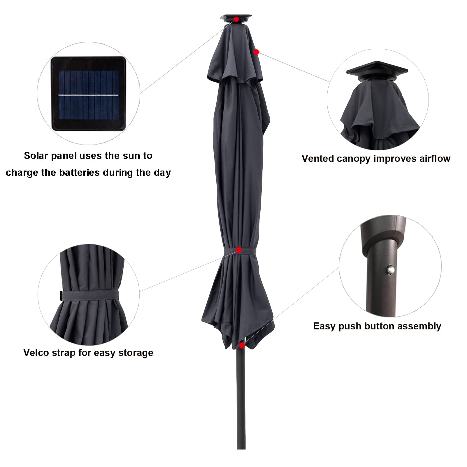 CHopetree 9ft Half Round Outdoor Patio Market Wall Umbrella with Solar LED Lights & Adjustable Tilt - Perfect for Poolside, Garden, and Backyard Relaxation