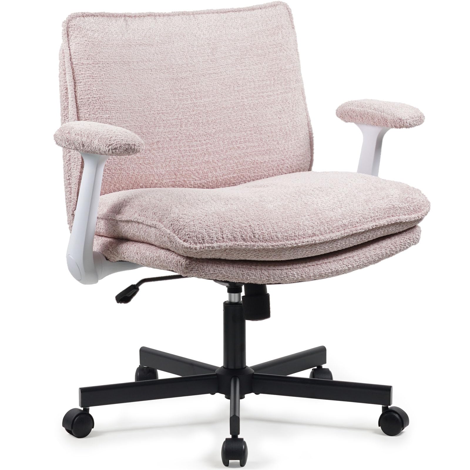 Ergonomic Cross Legged Office Chair with Wheels - Pink Upholstered Criss Cross Desk Chair with Flip-Up Armrests & Wide Seat - Perfect for Home Office, Vanity, Apartment & Meditation Spaces