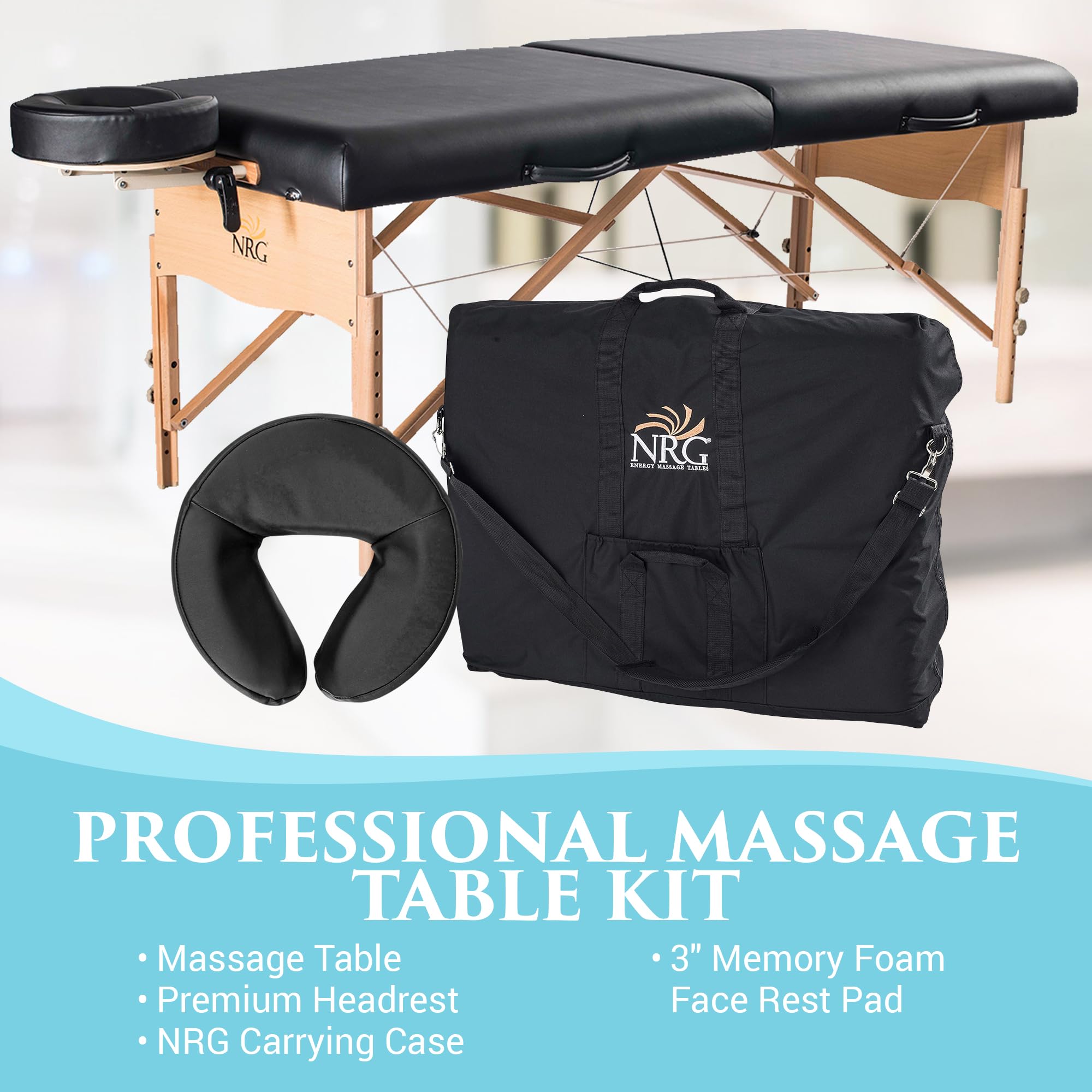 NRG Chi Massage Portable Folding Table - Lightweight & Durable White Oak Massage Therapy Table with Premium Cushioned Headrest & Carry Case (Black) - Perfect for Home, Spa, and Professional Use