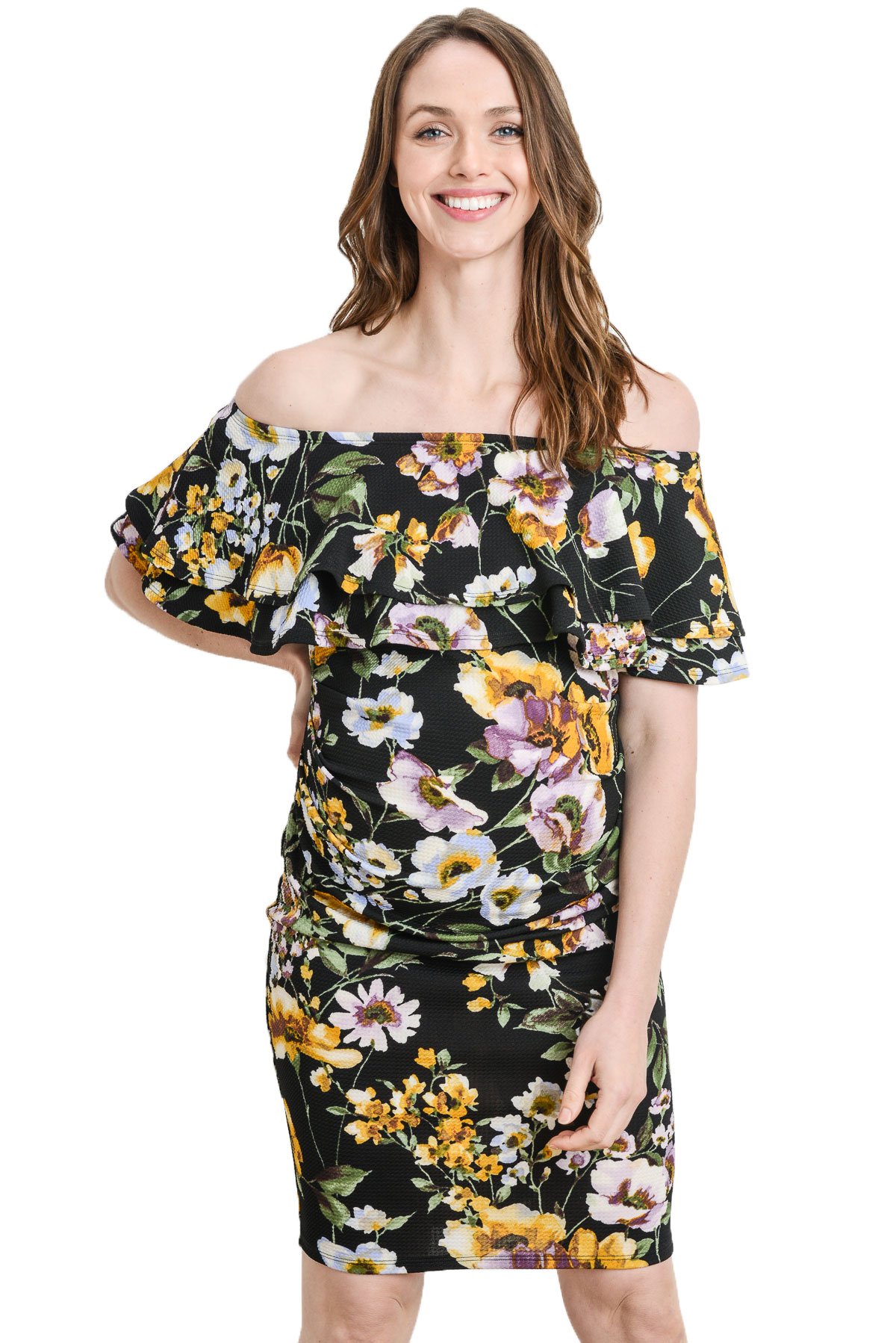 LaClef Women's Off Shoulder Maternity Dress with Double Ruffle - Comfortable Pregnancy Dress for Baby Shower, Maternity Photo Shoot & Summer Outfits