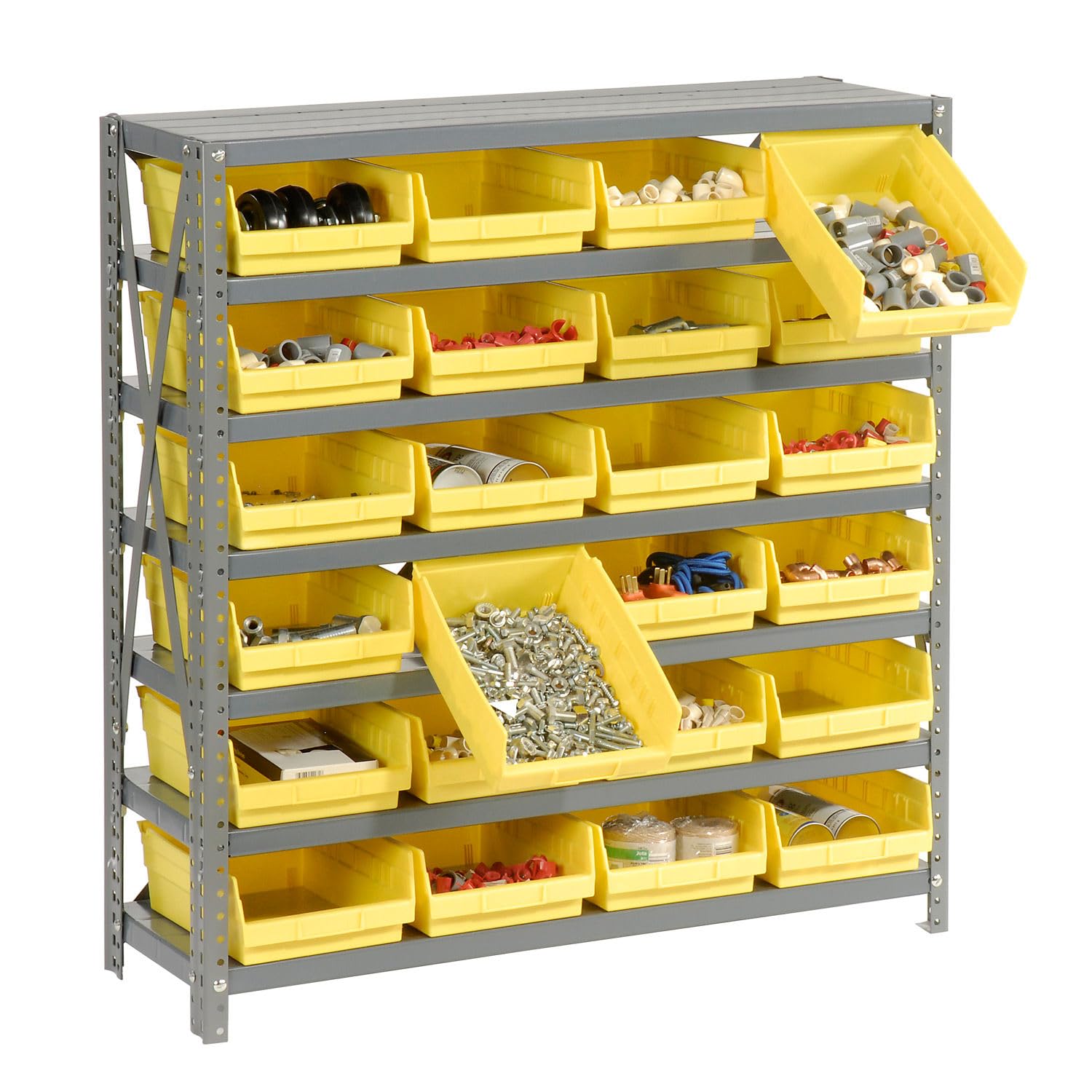 7-Shelf Steel Storage Rack with 24 Plastic Bins - Heavy Duty Industrial Shelving Unit, 36x12x39 Inches, Yellow - Perfect for Warehouse, Garage & Retail Organization