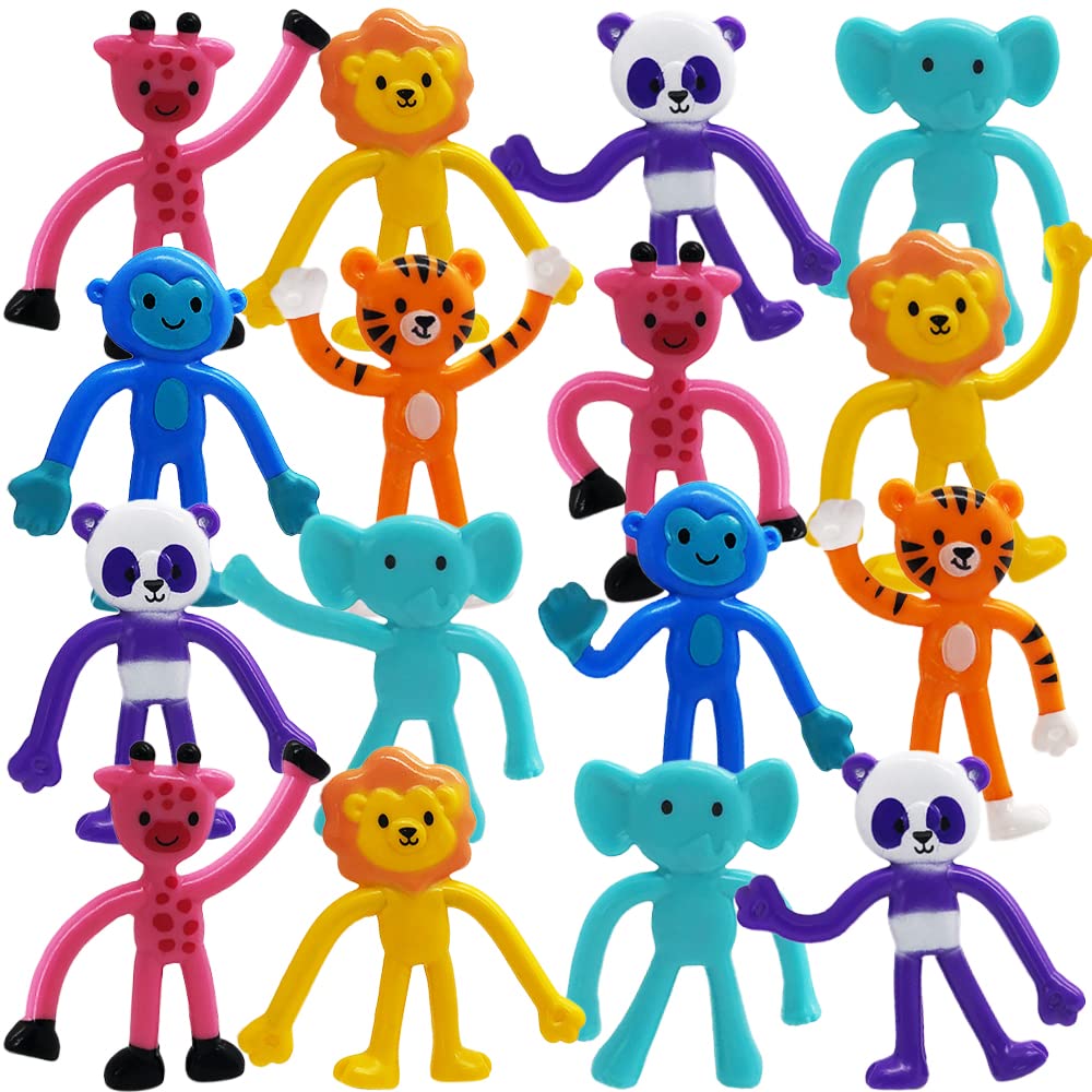 ArtCreativity 48-Piece Bendable Animal Figures Set - Panda, Tiger, Giraffe, Monkey, Elephant & Lion - Stress Relief Toys for Kids, Easter Basket Stuffers & Zoo Birthday Party Favors - Perfect for Classroom Rewards, Sensory Play & Party Decorations