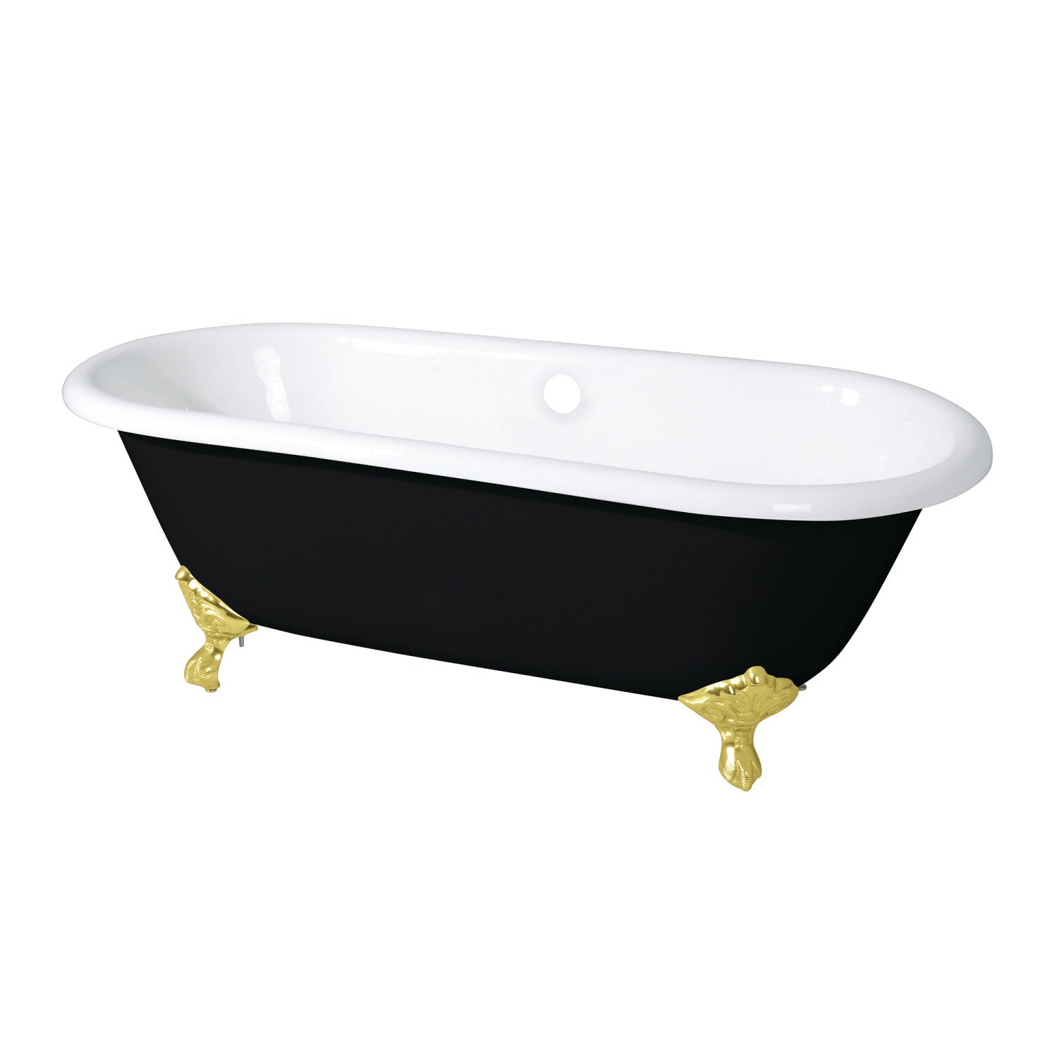 Aqua Eden 66 Inch Cast Iron Oval Double Ended Clawfoot Bathtub - No Faucet Drillings - Black/White/Polished Brass - Vintage Style Freestanding Tub for Bathroom & Spa Relaxation
