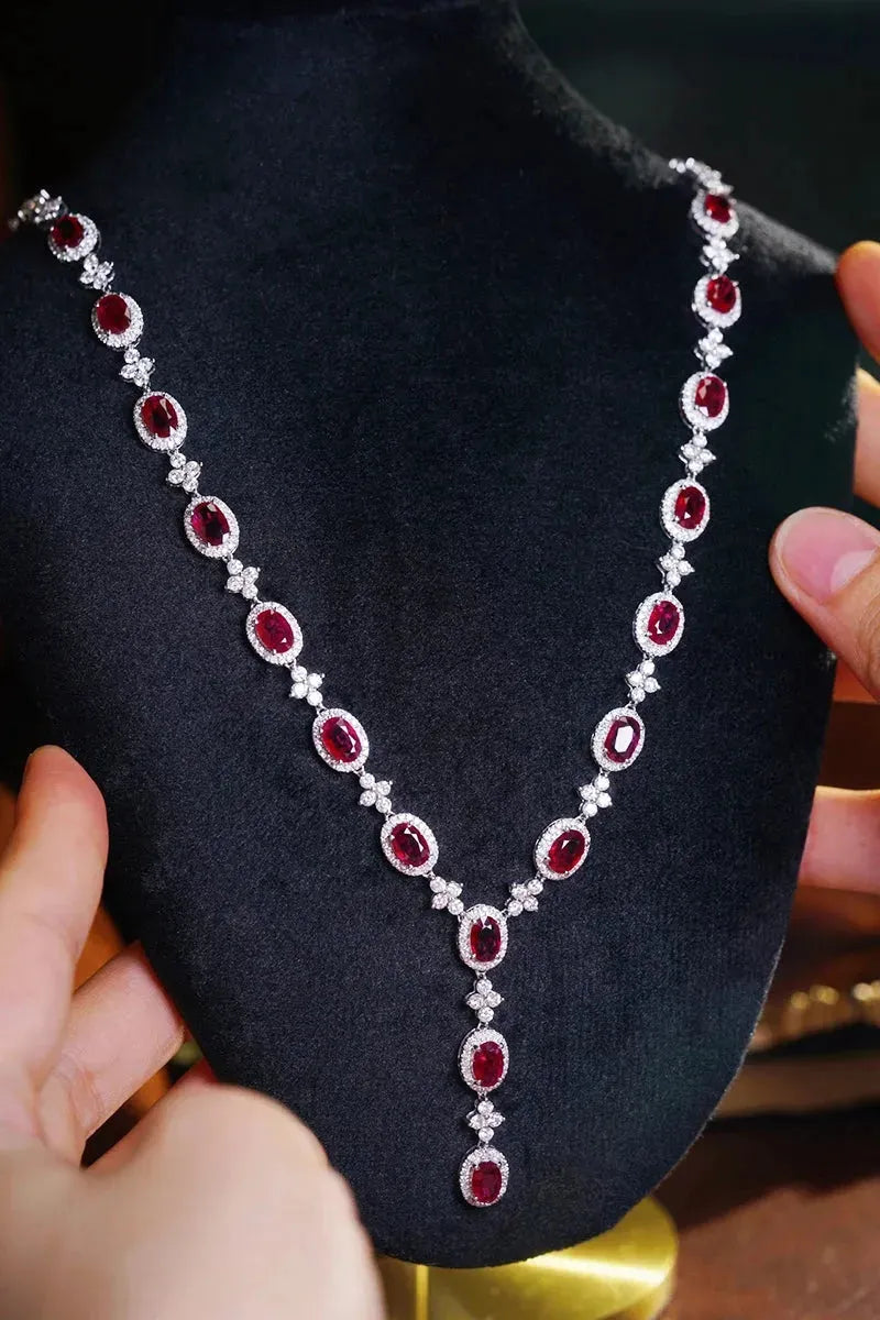18K White Gold Diamond and Ruby Necklace for Women - Luxury Shiny Design with Natural Stones - Perfect for Parties, Weddings & Special Occasions