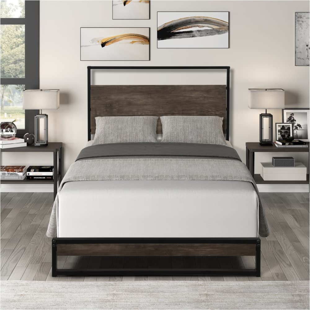 Twin Size Platform Bed Frame with Sturdy Wood Slats & Headboard - Classic Metal Mattress Foundation in Espresso - Perfect for Small Bedrooms, Guest Rooms & Dormitories
