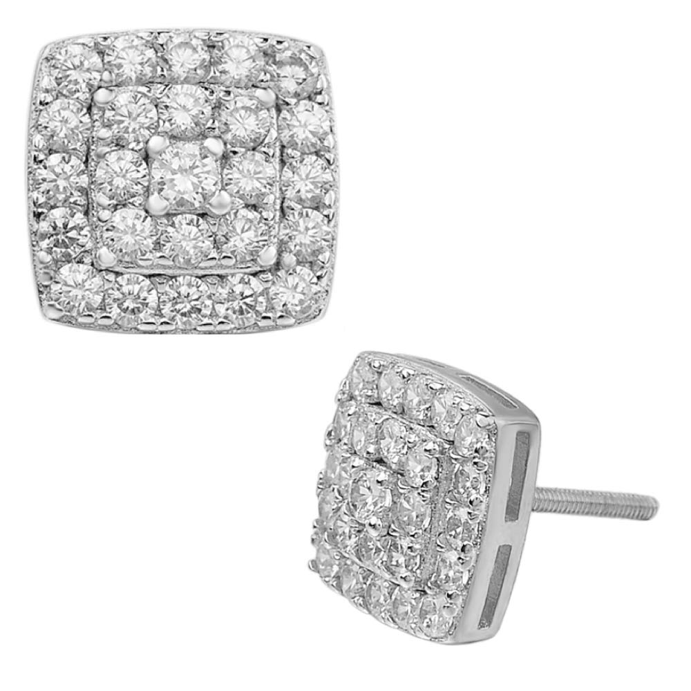 925 Sterling Silver Iced Square Diamond Hip Hop Earrings for Men & Women - Screwback Stud Earrings for Everyday Wear, Parties & Gifts