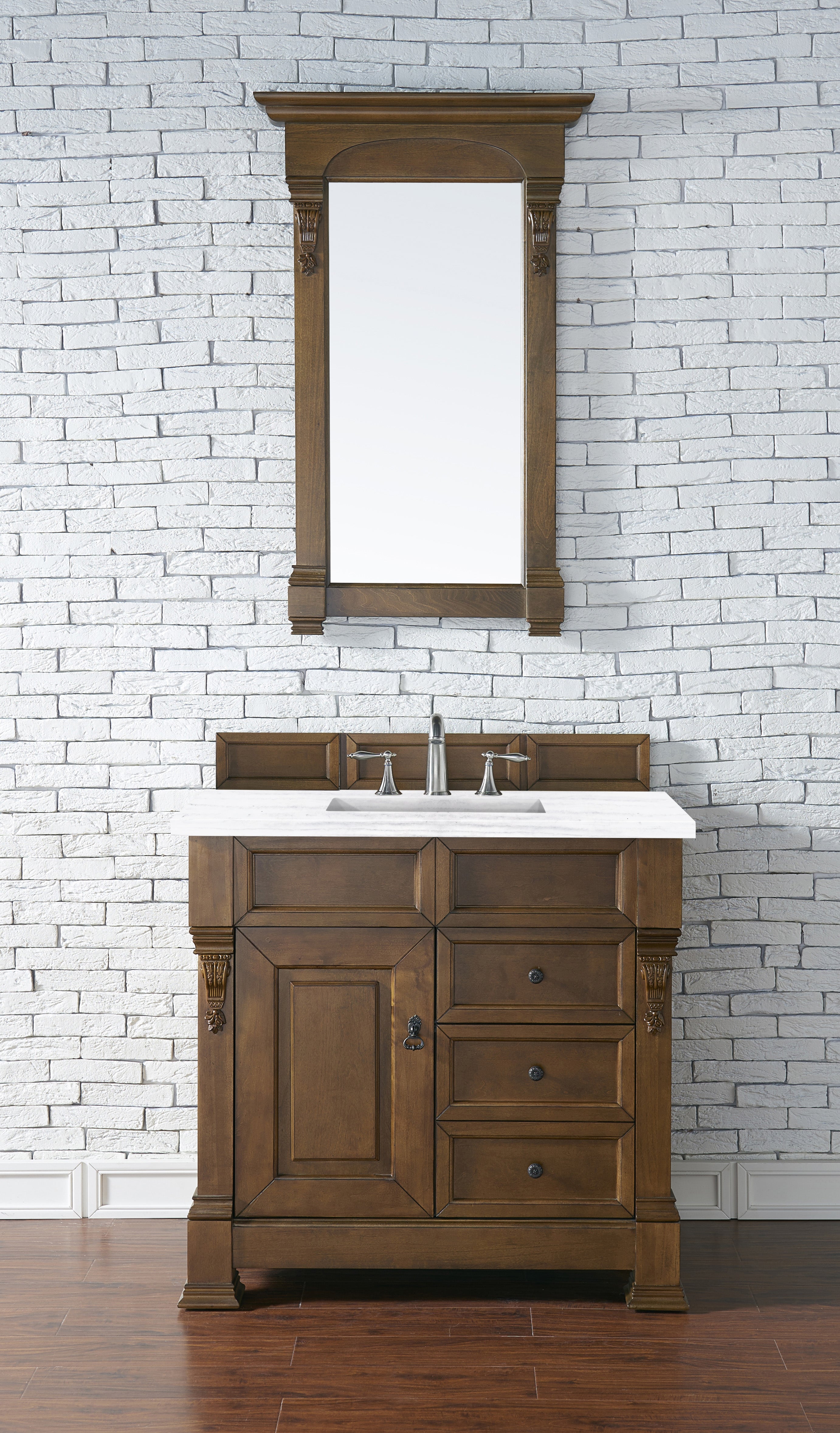 Brookfield 36 Inch Single Bathroom Vanity in Country Oak with 3CM Arctic Fall Solid Surface Top - Perfect for Modern Farmhouse & Rustic Bathroom Decor