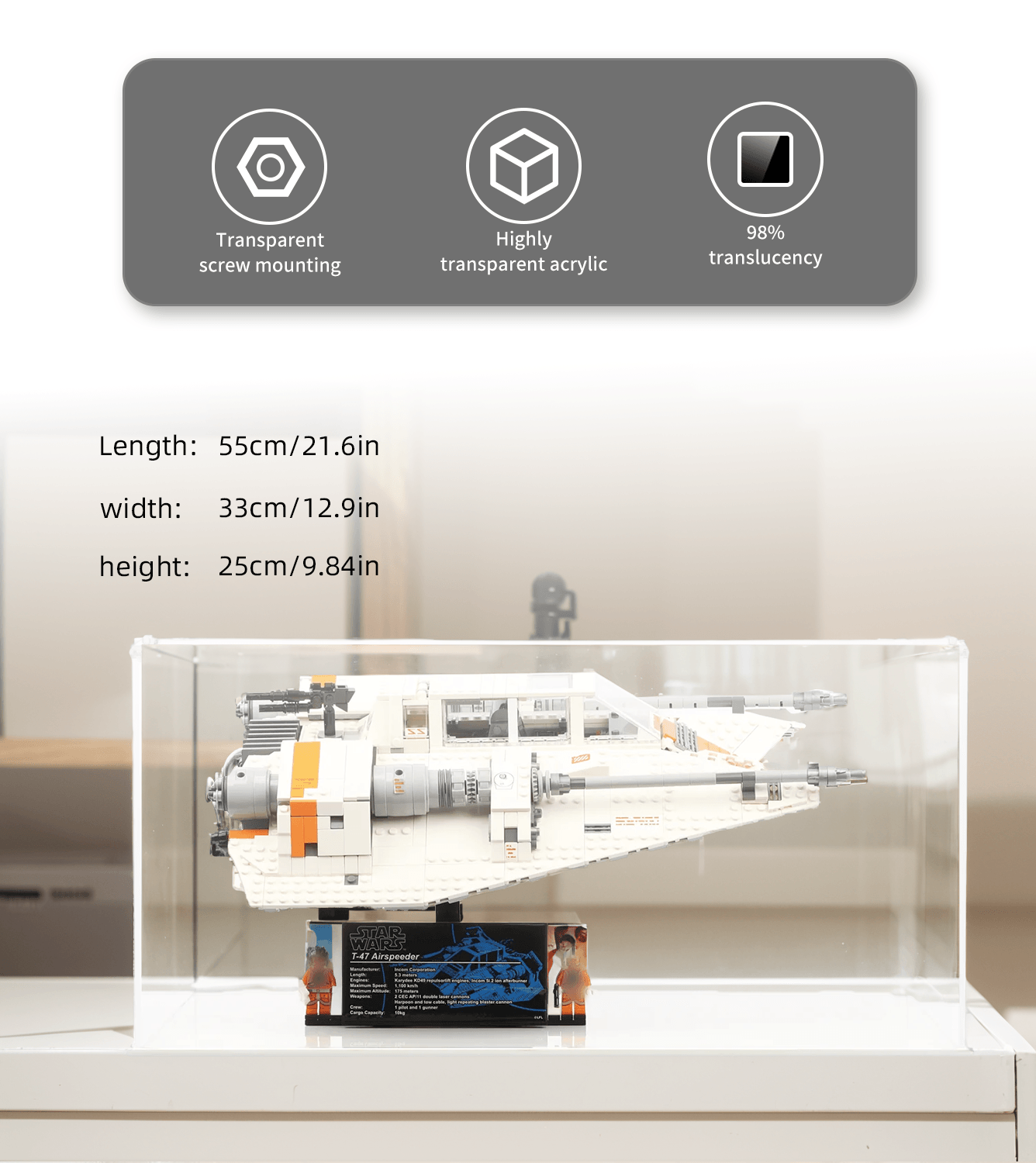 Lego Star Wars UCS Snowspeeder 75144 Display Case - Clear Acrylic Showcase with UV Protection for Collectible Model - Perfect for Home Decoration & Gift Giving