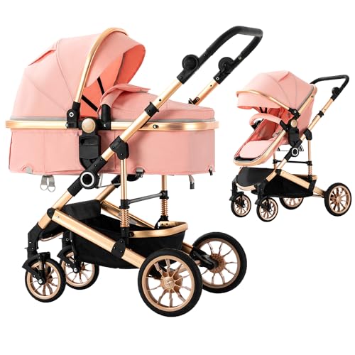 Blahoo 2-in-1 Baby Stroller for Newborns & Toddlers - Foldable Lightweight Aluminum Alloy Pushchair with Adjustable Backrest & Bassinet - Perfect for Travel, Shopping & Outdoor Walks (Pink)