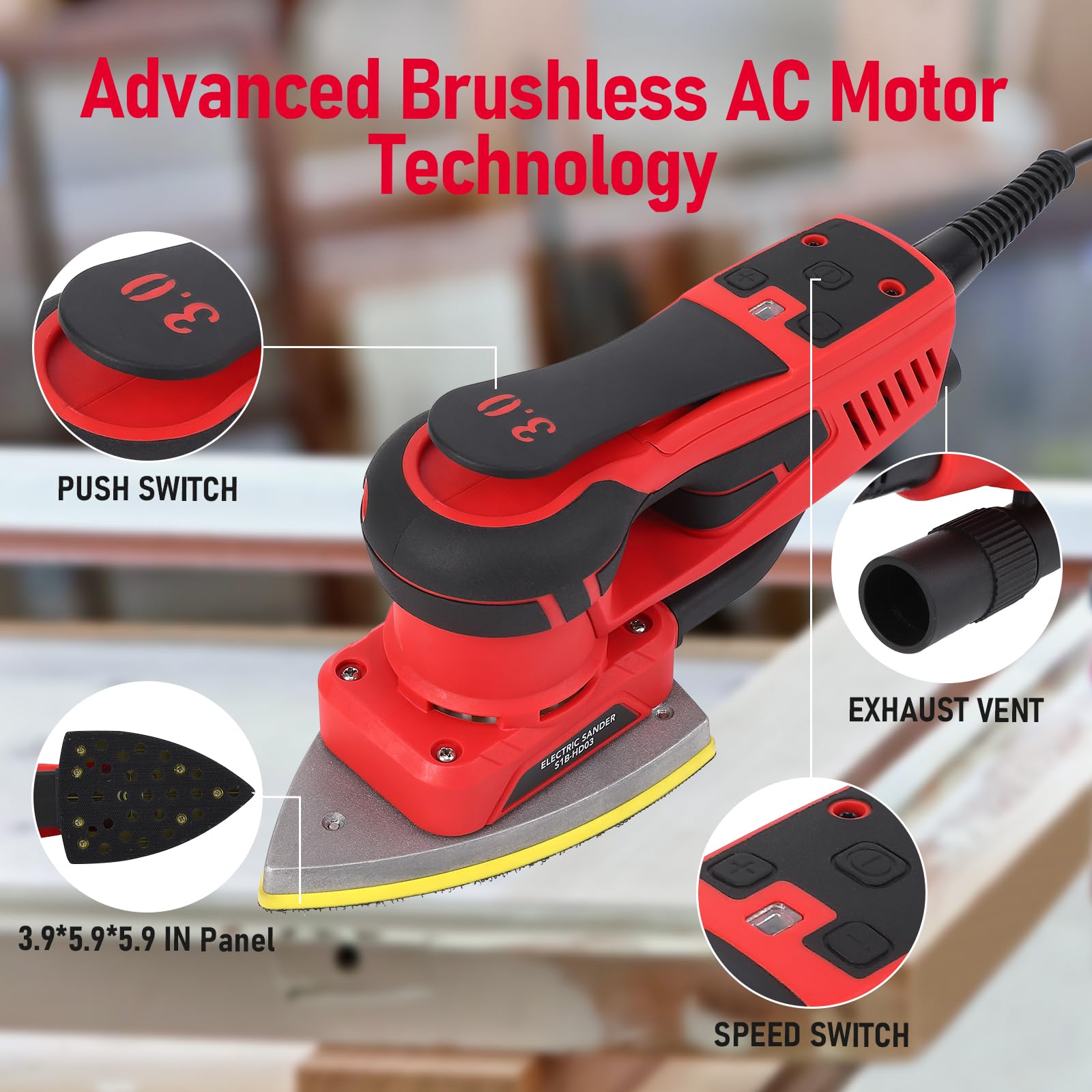 350W Brushless Electric Detail Sander Tool - 12 Sandpapers Included - Low Vibration Woodworking Sander for Sanding, Polishing & Carpentry - Perfect for DIY Projects, Furniture Repair & Home Renovation