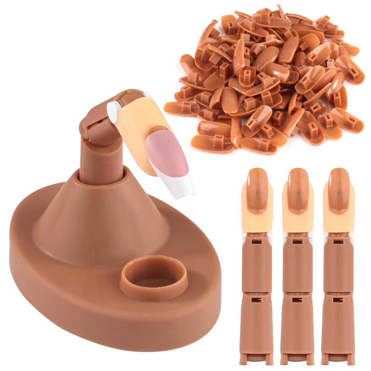 BORNBYME Acrylic Nail Practice Kit with Stand - 3 Adjustable Fake Fingers, 100 Brown Nail Tips - Professional Nail Training Set for Beginners - Perfect for Salon Practice & Home Nail Art DIY