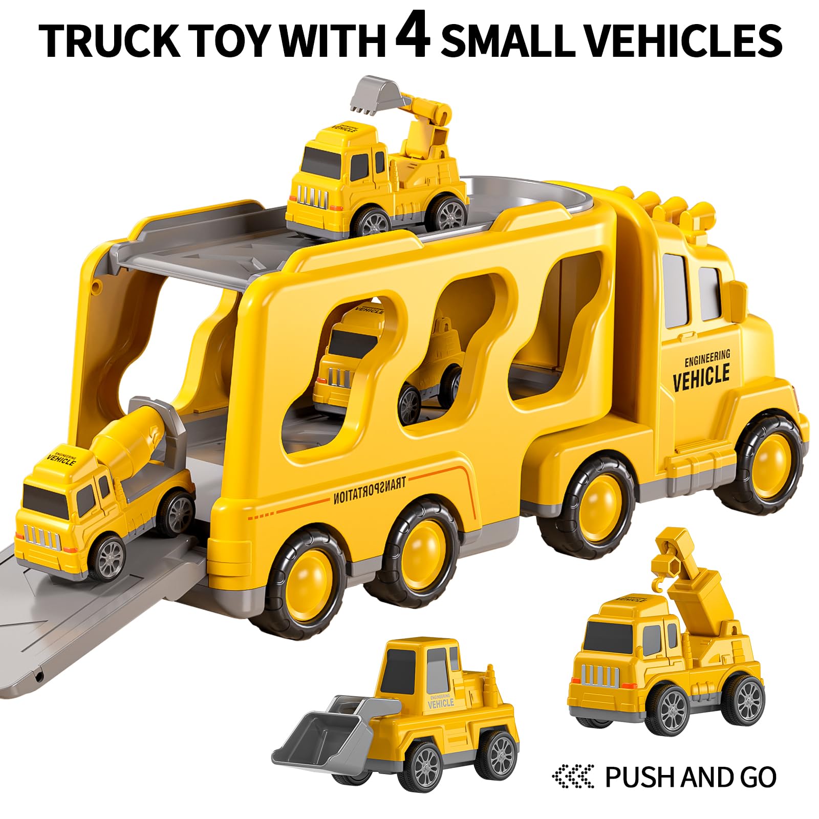TEMI Construction Truck Toy Set for Kids Ages 3-7 - Engineering Vehicle Carrier with Excavator & Crane - STEM Learning Toys for Boys & Girls - Perfect for Birthday Gifts & Pretend Play Construction Site Scenes