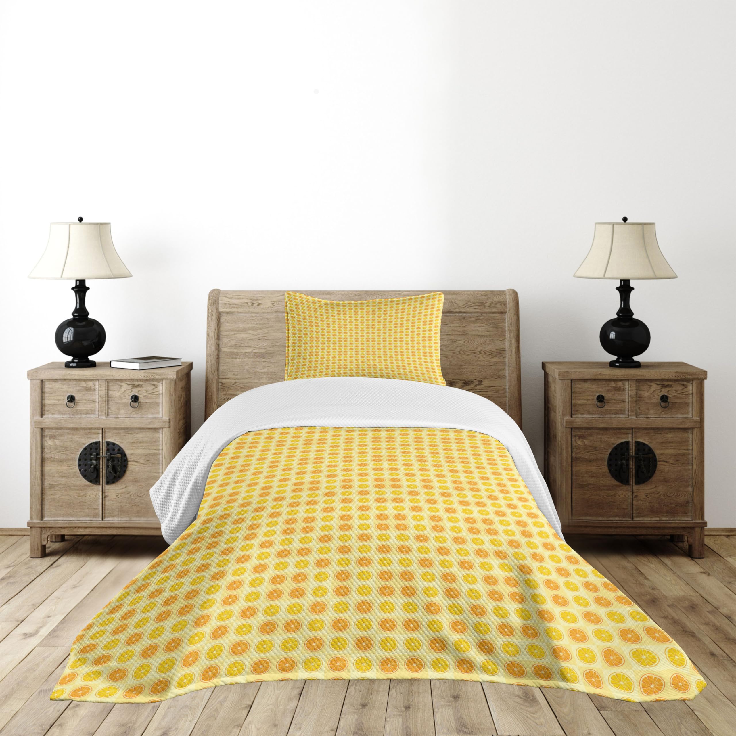 Ambesonne Citrus Fruit Bedspread Set - Twin Size, Pale Yellow for Cozy Bedroom Decor