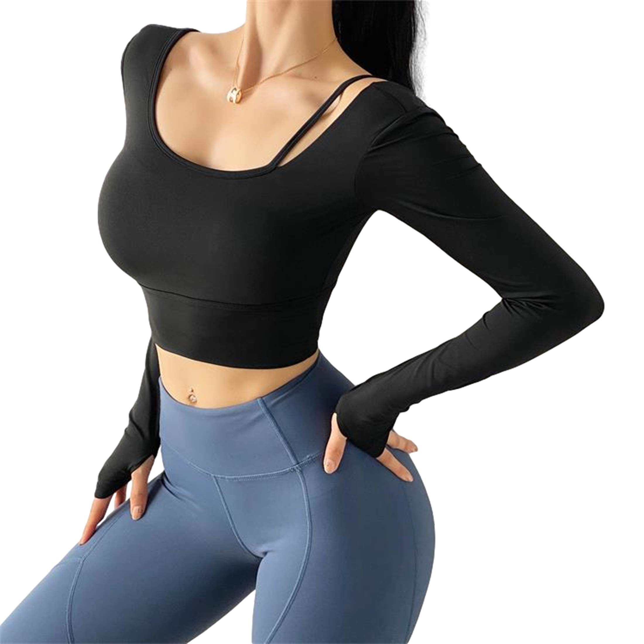 Gihuo Women's Long Sleeve Workout Top - Gym Yoga Running Shirt with Thumb Holes & Cropped Fit - Perfect for Fitness, Training & Casual Wear