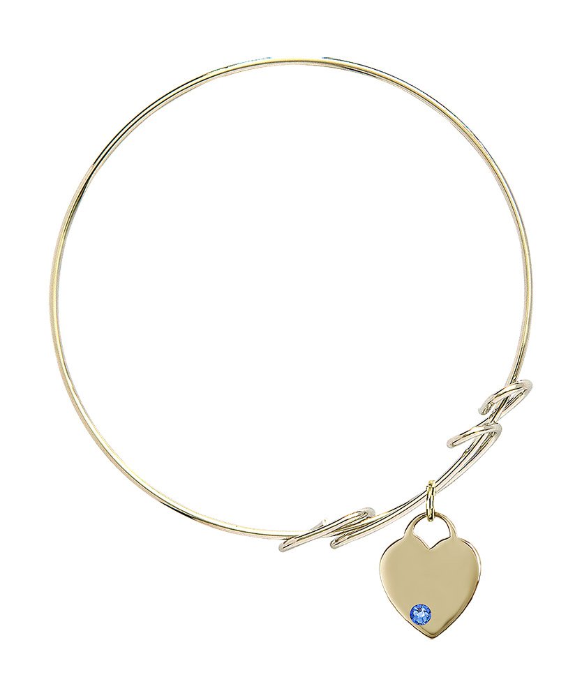 8 Inch Round Double Loop Bangle Bracelet with Heart Medal Charm & September Blue Crystal - Elegant Jewelry for Women, Perfect for Parties, Weddings & Special Occasions