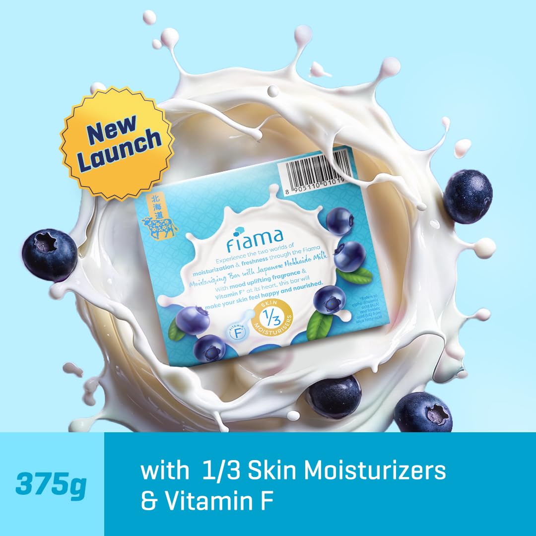 Fiama Moisturizing Soap Bar with Japanese Hokkaido Milk & Blueberry - Pack of 3 | Non-Sticky Moisturizing Soap for Soft Skin | Enriched with Vitamin F & Natural Fragrance | Perfect for Daily Bathing, Spa Days & Gift Giving