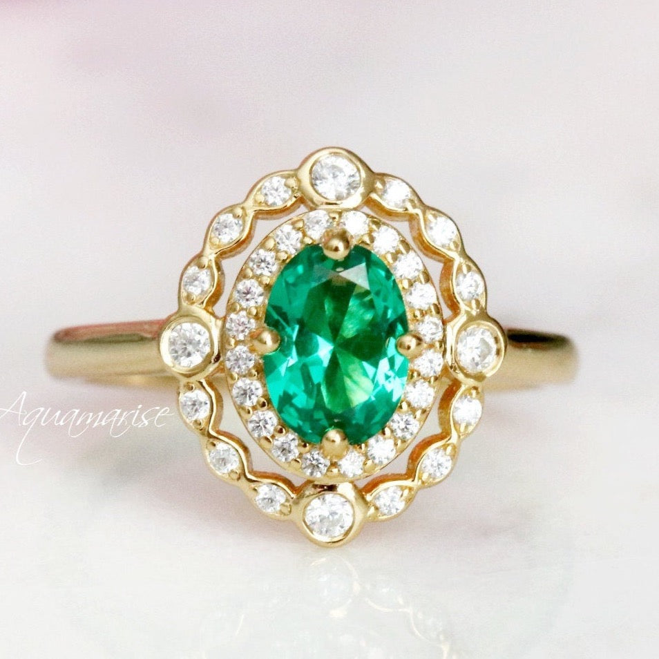 Valentina Emerald Ring - 14K Yellow Gold Vermeil Engagement Ring for Women, Elegant Green Gemstone Jewelry Gift for Her - Perfect for Weddings, Anniversaries & Special Occasions