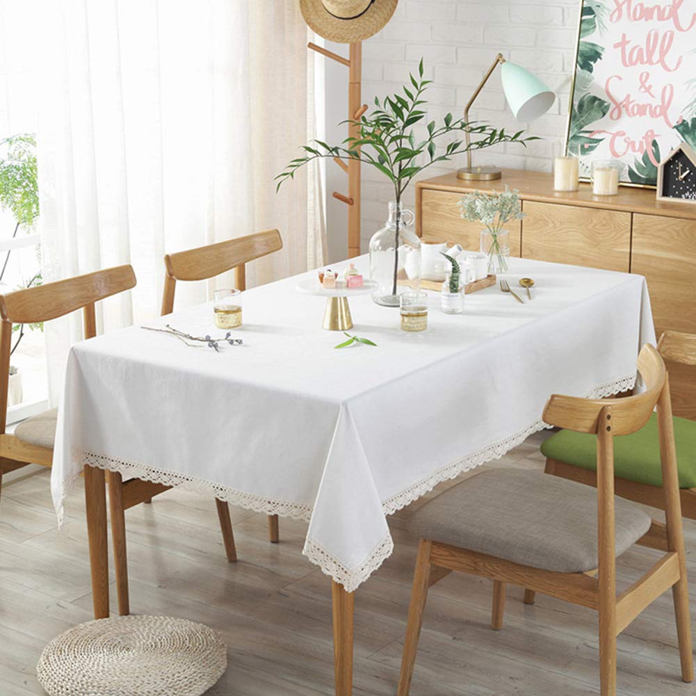 AMZALI Classic Cotton Linen Lace Tablecloth - Dust-Proof Rectangle Table Cover (55x98 Inch, Cream White) for Kitchen, Dining Room, Picnic & Home Decor | Perfect for Dinner Parties, Outdoor Events & Holiday Gatherings