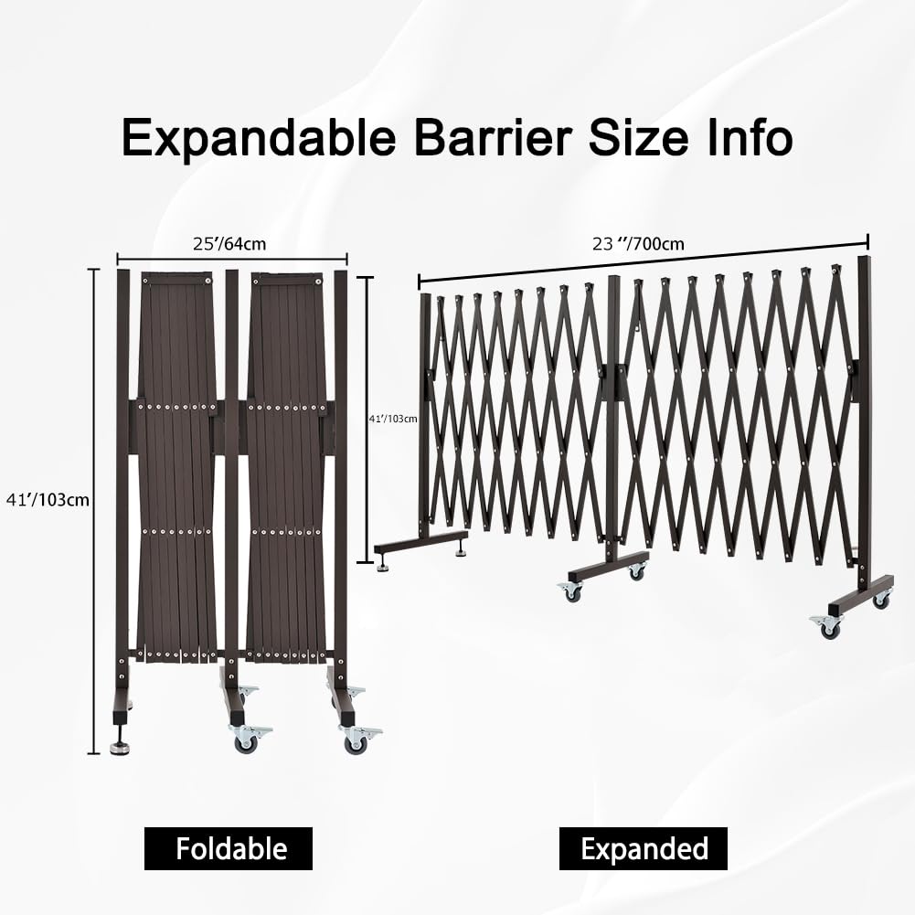 Expandable Metal Barricade with Wheels - 23ft Adjustable Safety Barrier, Brown Mobile Fence for Indoor & Outdoor Use - Perfect for Garden Protection, Event Crowd Control, and Home Security