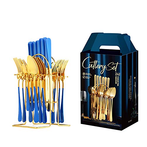 24-Piece Stainless Steel Silverware Flatware Set - Nordic Style Cutlery with Storage Rack (Blue) - Perfect for Dinner Parties, Restaurants & Everyday Kitchen Use
