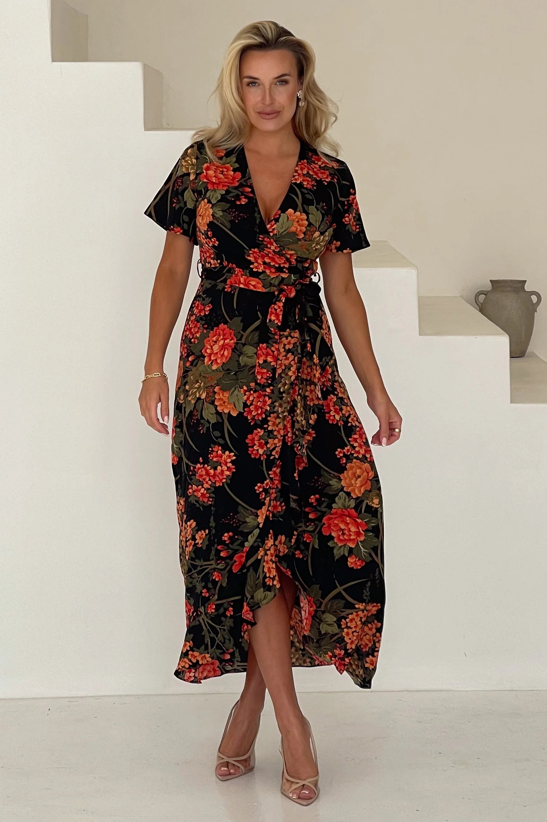 Farrah Split Hem Frill Maxi Dress - Brown Floral Print Summer Beach Dress for Women | Boho Chic Vacation Outfit, Wedding Guest Dress, Date Night Dress