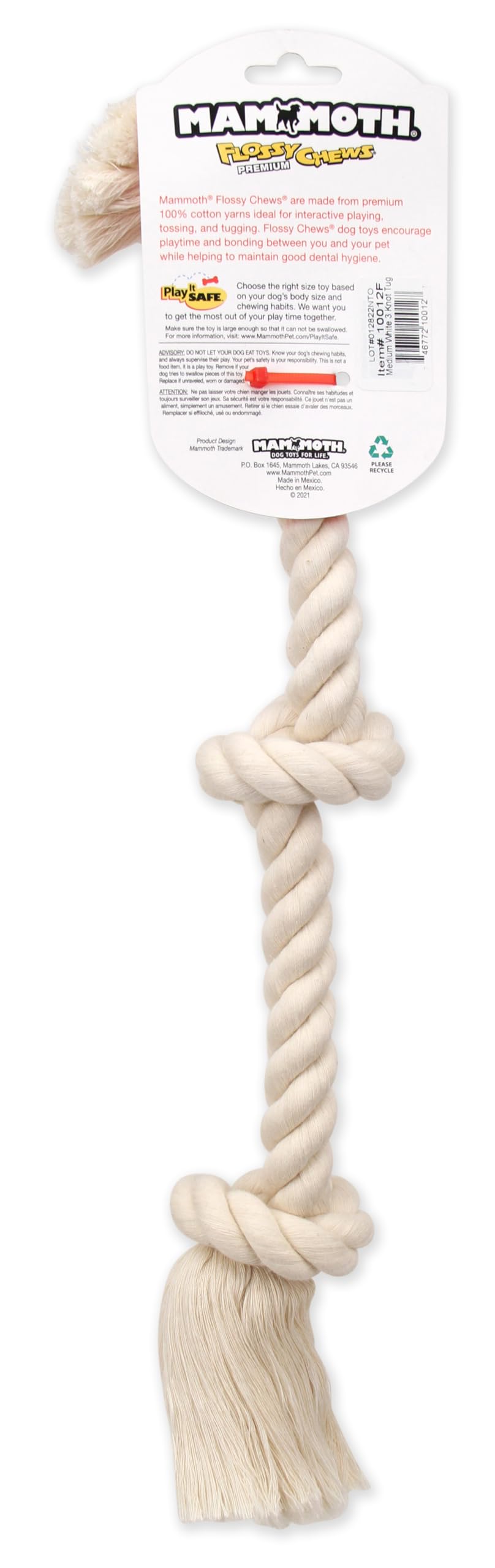 Mammoth Flossy Chews 100% Natural Cotton Rope Dog Toys - Premium White Knot Dog Rope Toy for Small to Medium Dogs - Interactive Tug of War Chew Toy (20