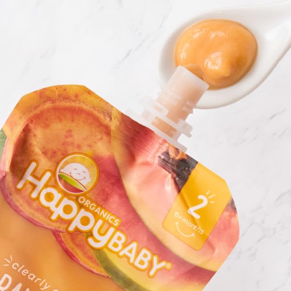 Happy Baby Organic Baby Food - Bananas, Sweet Potatoes & Papayas, 4 Oz Pouch | USDA Certified, Non-GMO, No Added Sugar | Perfect for On-the-Go Feeding, Travel & Snack Time