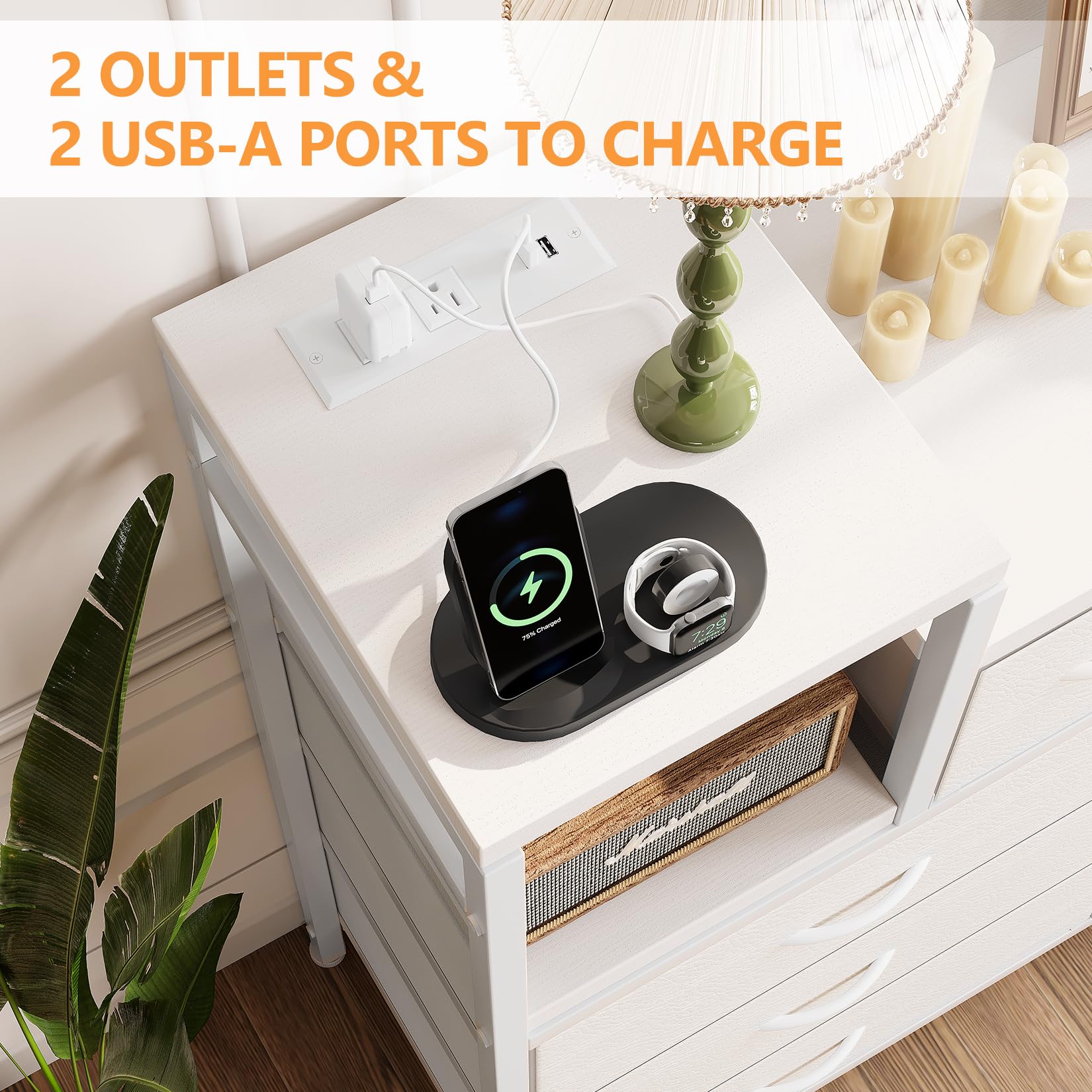 Jojoka White TV Stand with 9 Drawers & Built-in Charging Station - Modern Entertainment Center for Living Room, Bedroom & Home Office - Perfect for Organizing Electronics, Media & Storage Needs