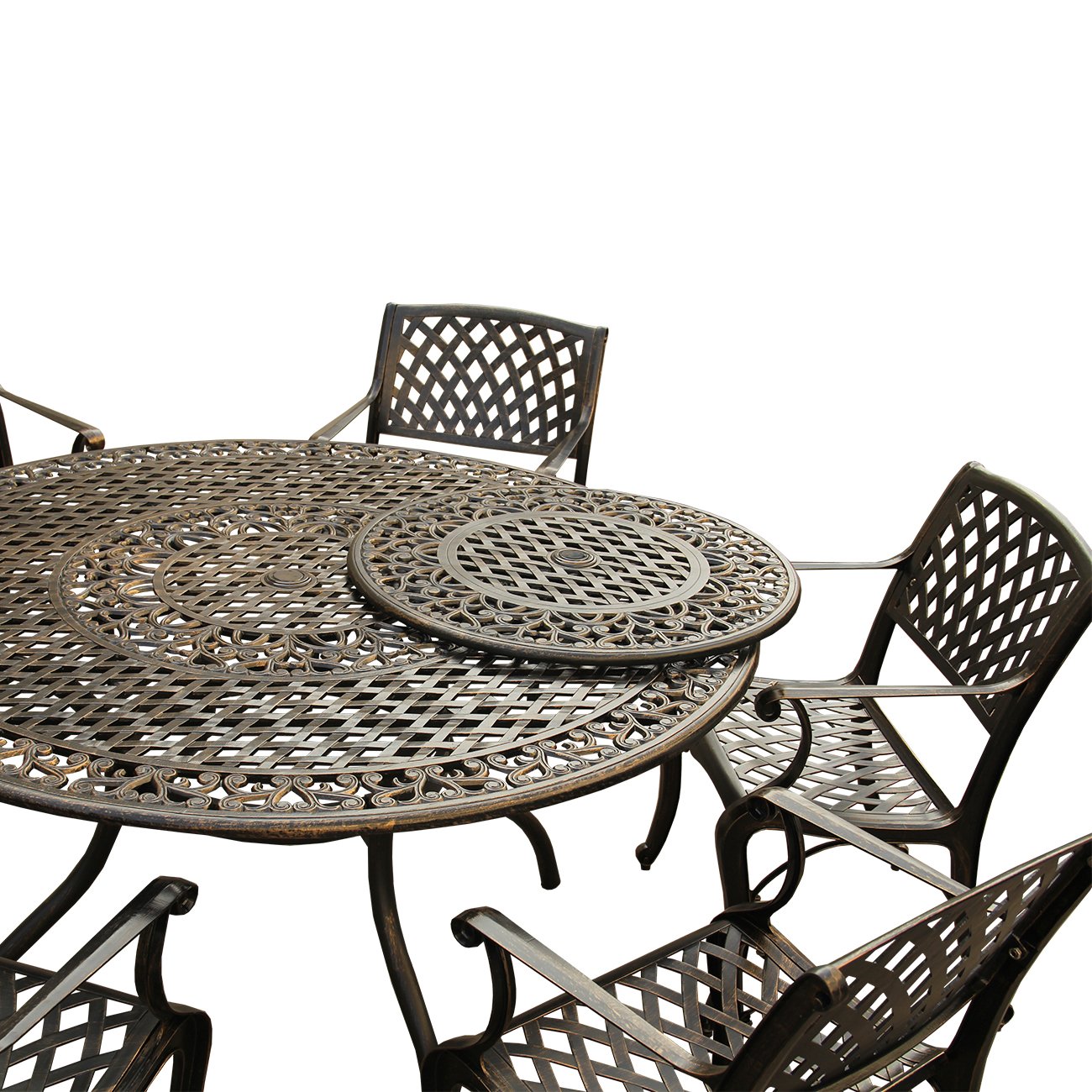 Oakland Living 59-inch Bronze Round Outdoor Dining Set with Lazy Susan & 6 Chairs - Traditional & Modern Aluminum Mesh Lattice Design - Perfect for Patio, Garden, and Backyard Entertaining