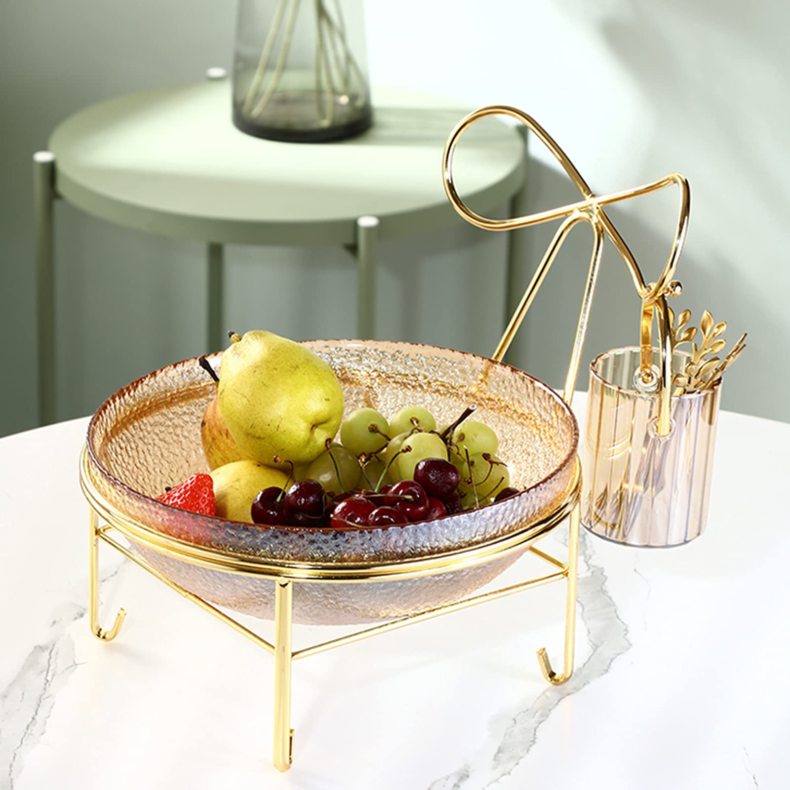 Large Glass Salad Bowl with Metal Stand - 4.5QT Fruit & Dessert Serving Bowl for Kitchen, Party, Picnic - Includes 4 Stainless Steel Forks & Storage Tub (Yellow) - Perfect for Entertaining, Family Gatherings & Outdoor Dining
