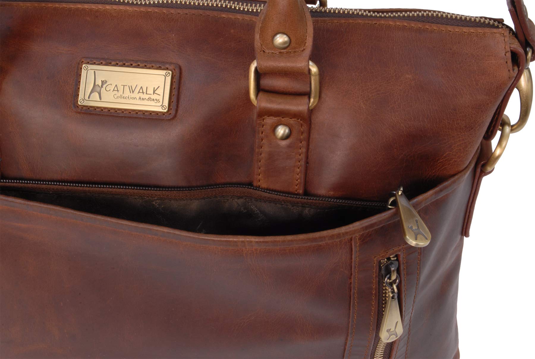 Catwalk Collection Women's Large Leather Tote Bag - Stylish Work Laptop Briefcase with Detachable Crossbody Strap - Adele Design - Perfect for Office, Business Travel & Everyday Use