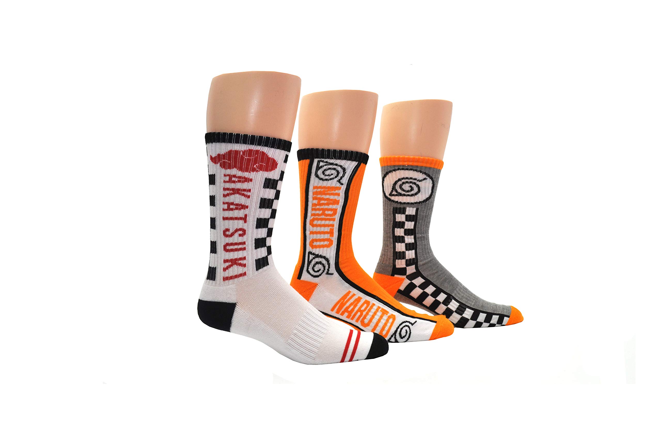 Naruto Shippuden Anime Athletic Crew Socks (3 Pairs) - Skate Checkered Cushioned Socks for Men & Women - Perfect for Cosplay, Sports & Casual Wear
