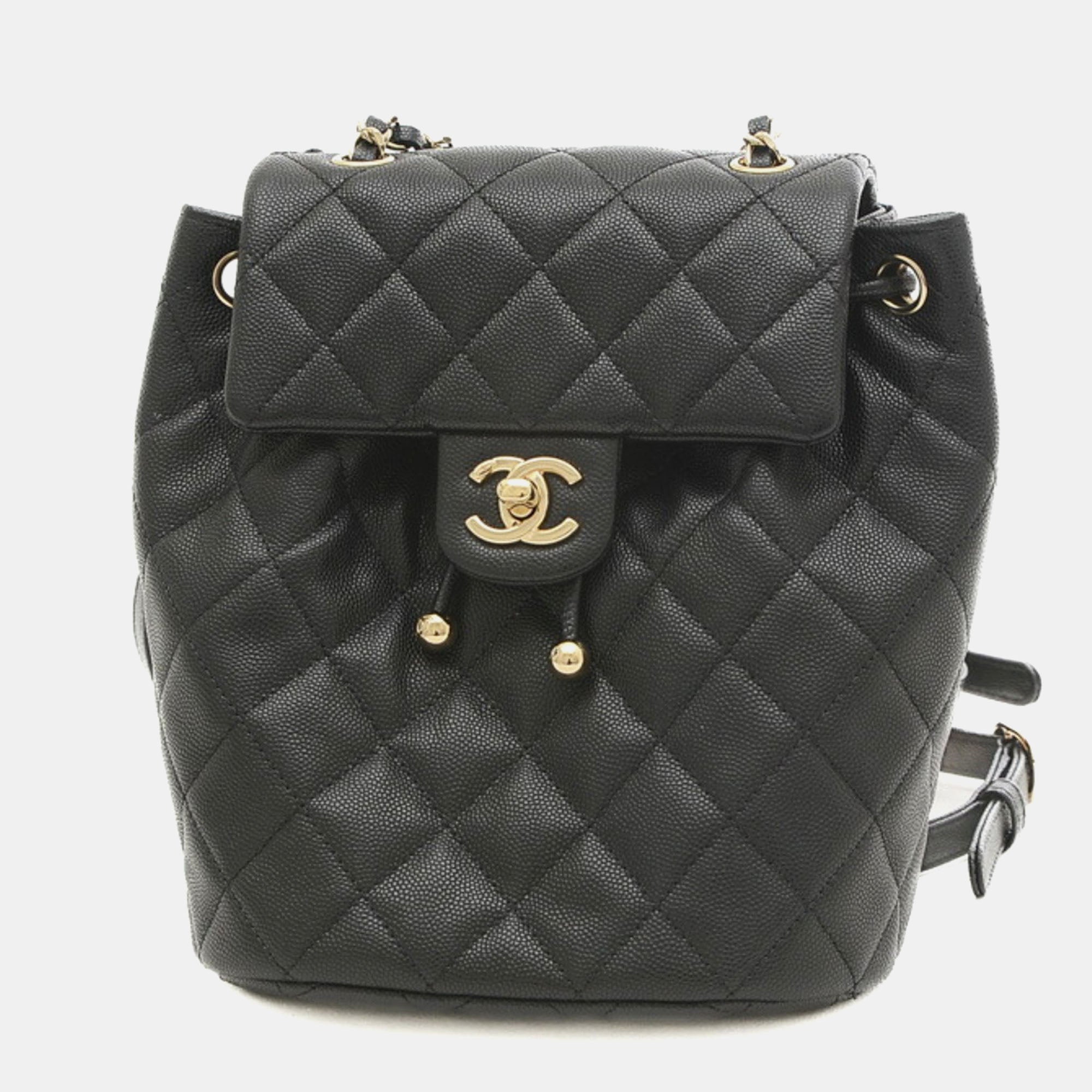 Black Caviar Quilted Mini Urban Spirit Backpack for Women - Stylish Leather Laptop Bag for Work, Travel & College - Waterproof Crossbody Shoulder Bag with USB Charging Port